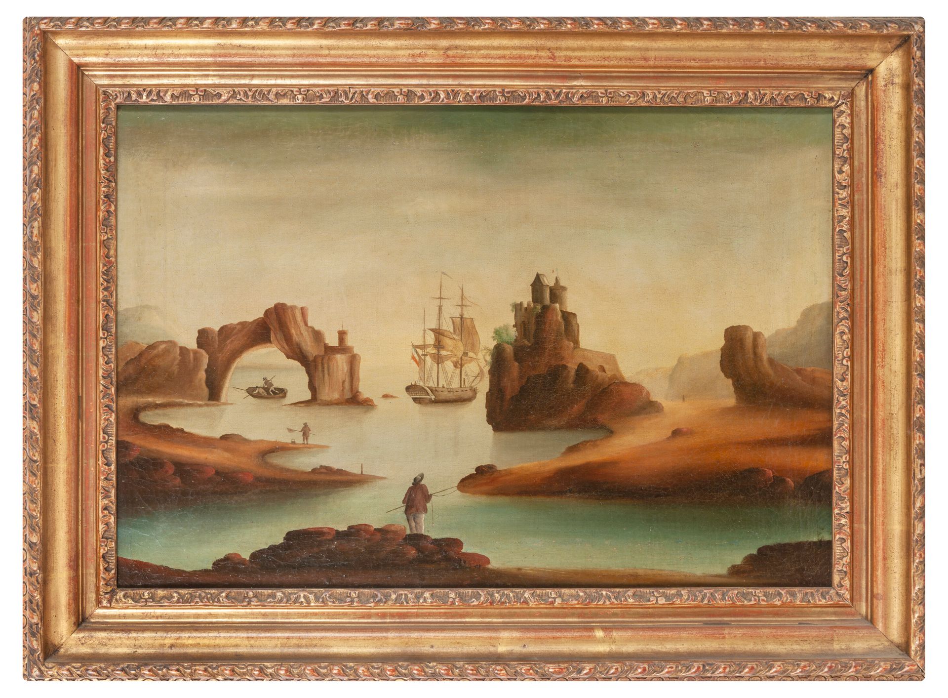 Ecole Flamande du XIXème siècle 
三根桅杆从小溪中冒出，由步行或乘船的人物组成的动画，顶端是一座城堡。




布面油画。


&hellip;