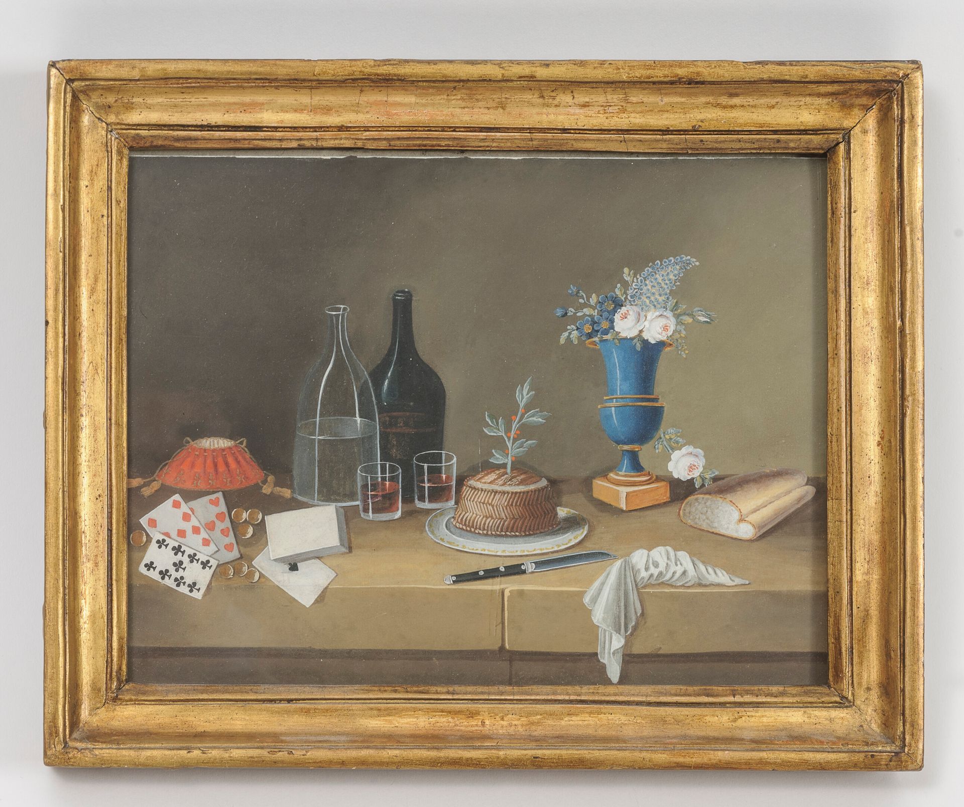 Johann RUDOLF FEYERABEND (1779-1814) dit LELONG 静物画，有扑克牌、玻璃杯和瓶子，烤肉和花束。

纸上水粉。

1&hellip;