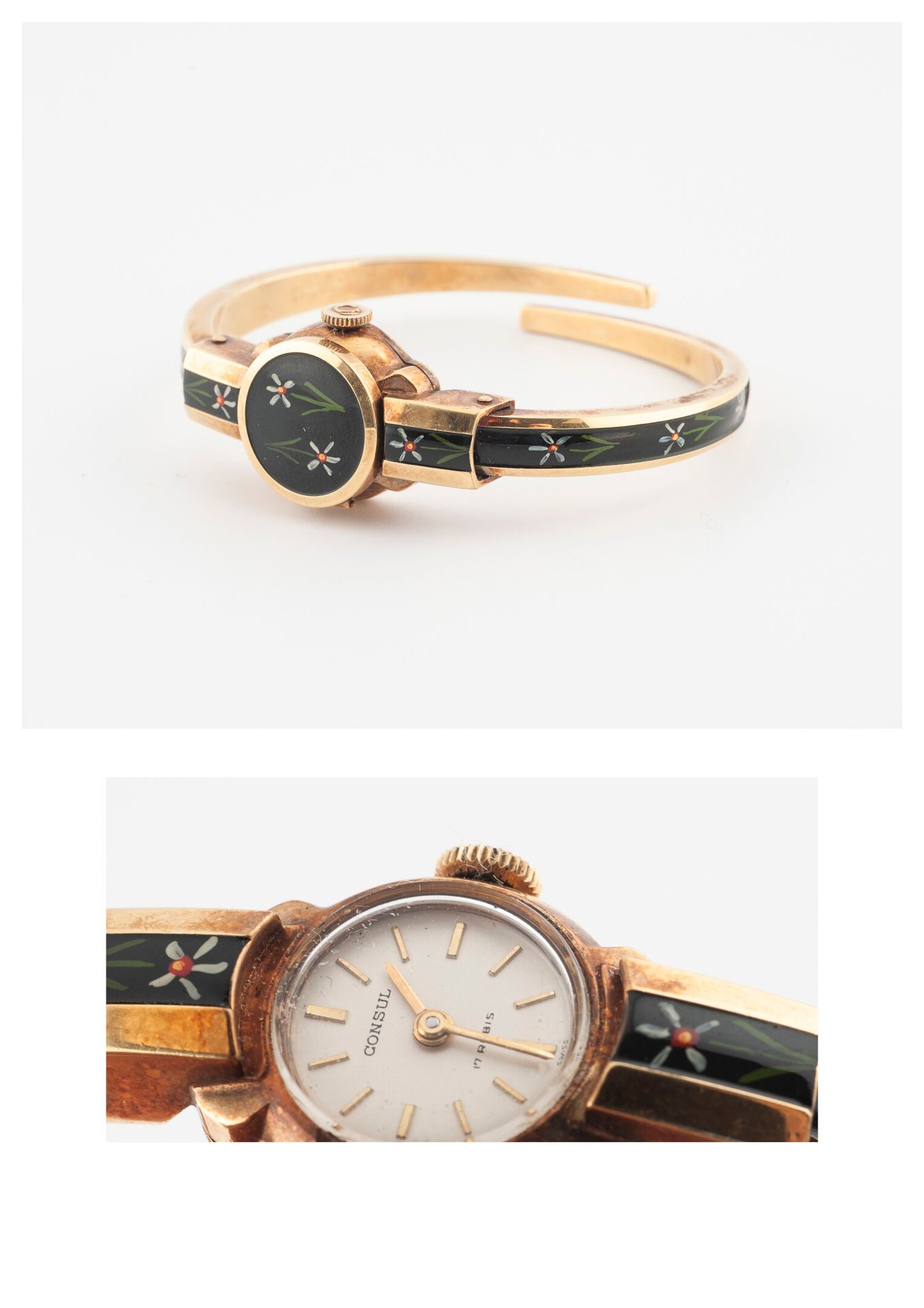 CONSUL Ladies' wristwatch in gilt metal. 

Round case concealed under a black en&hellip;