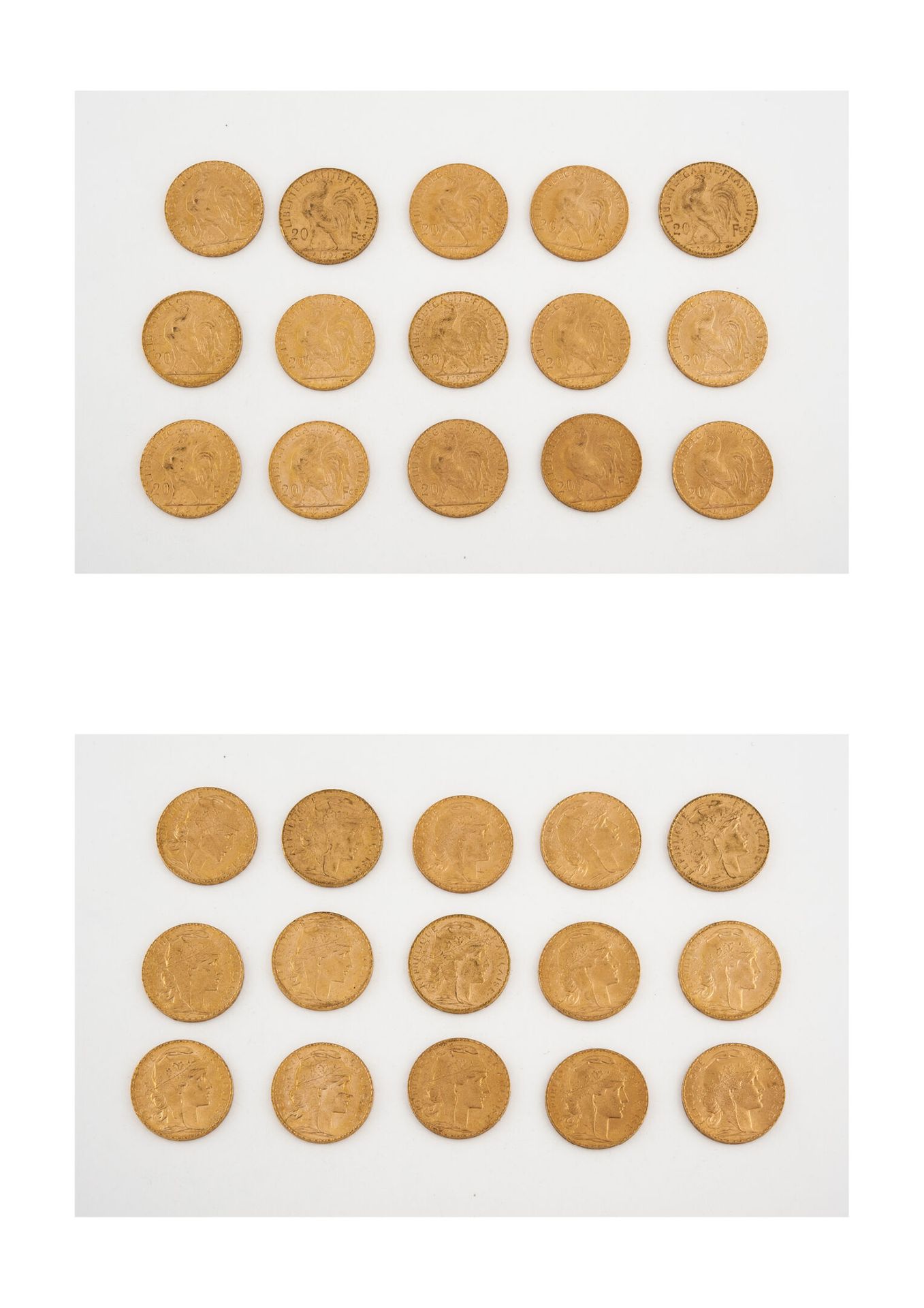 Null Lot de 15 pièces de 20 francs or, IIIème république : 1903, 1907 (x2), 1909&hellip;