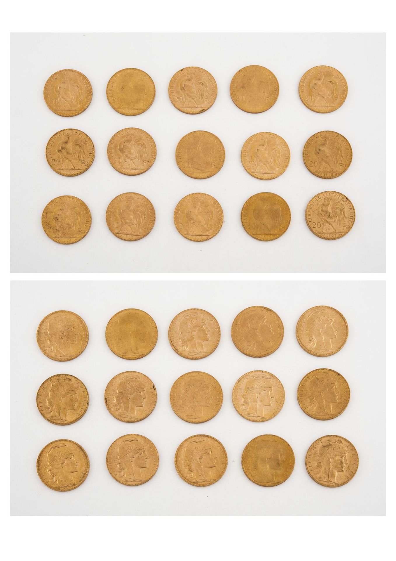 France Lotto di 15 monete da 20 franchi oro, III repubblica: 1905, 1907 (x3), 19&hellip;