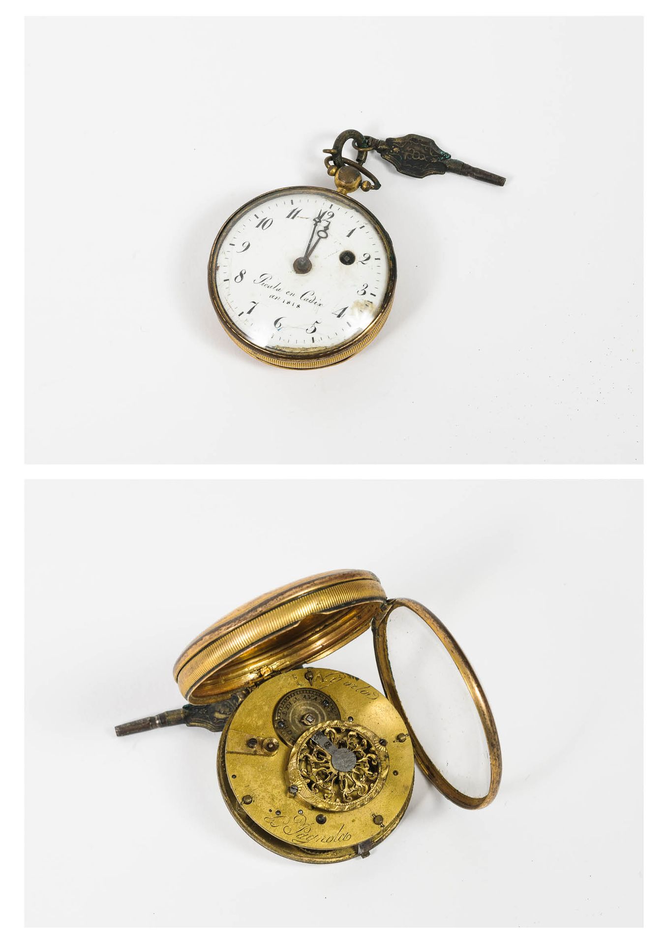 Null 三个怀表:

- 一个是鎏金铜的。

白色珐琅表盘，签署于加的斯的PICALA，年份为1818年，黑色油漆，罗马数字代表小时，破折号代表分钟。

机械&hellip;