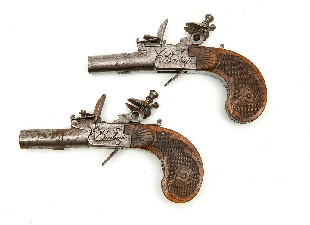 FRANCE BARBAIS, Paris. 
Pair of small flintlock and forced bullet pistols.
Smoot&hellip;