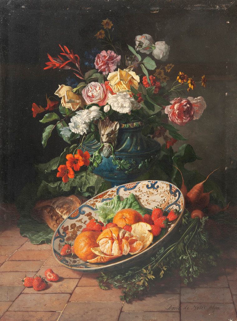 David DE NOTER (1818-1892) 
Nature morte con mazzi di fiori, frutta e triglia.
D&hellip;