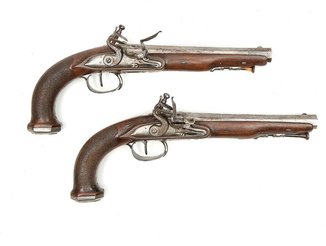 France Pair of flintlock belt-fed officers' pistols (cavalry or navy?). 
 Unsign&hellip;