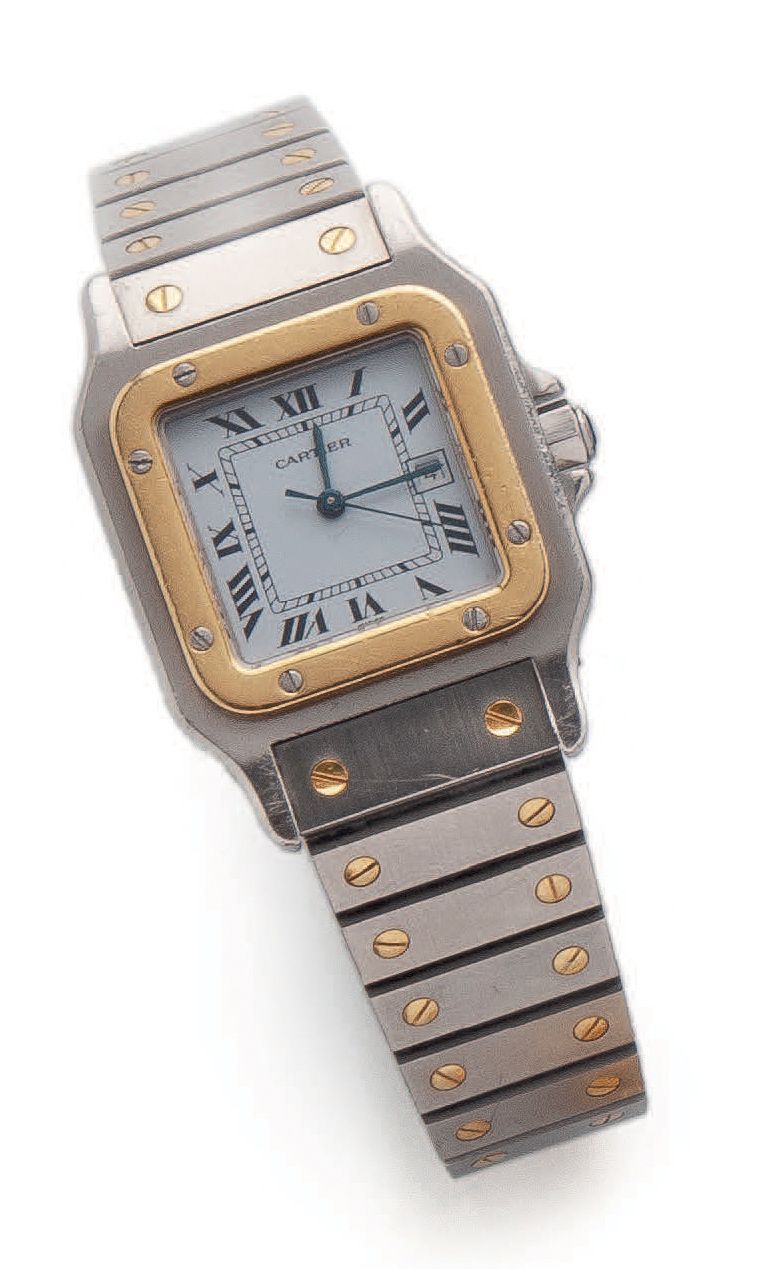 CARTIER, Santos 
Bracelet watch of man in gold 750 thousandths and steel, white &hellip;
