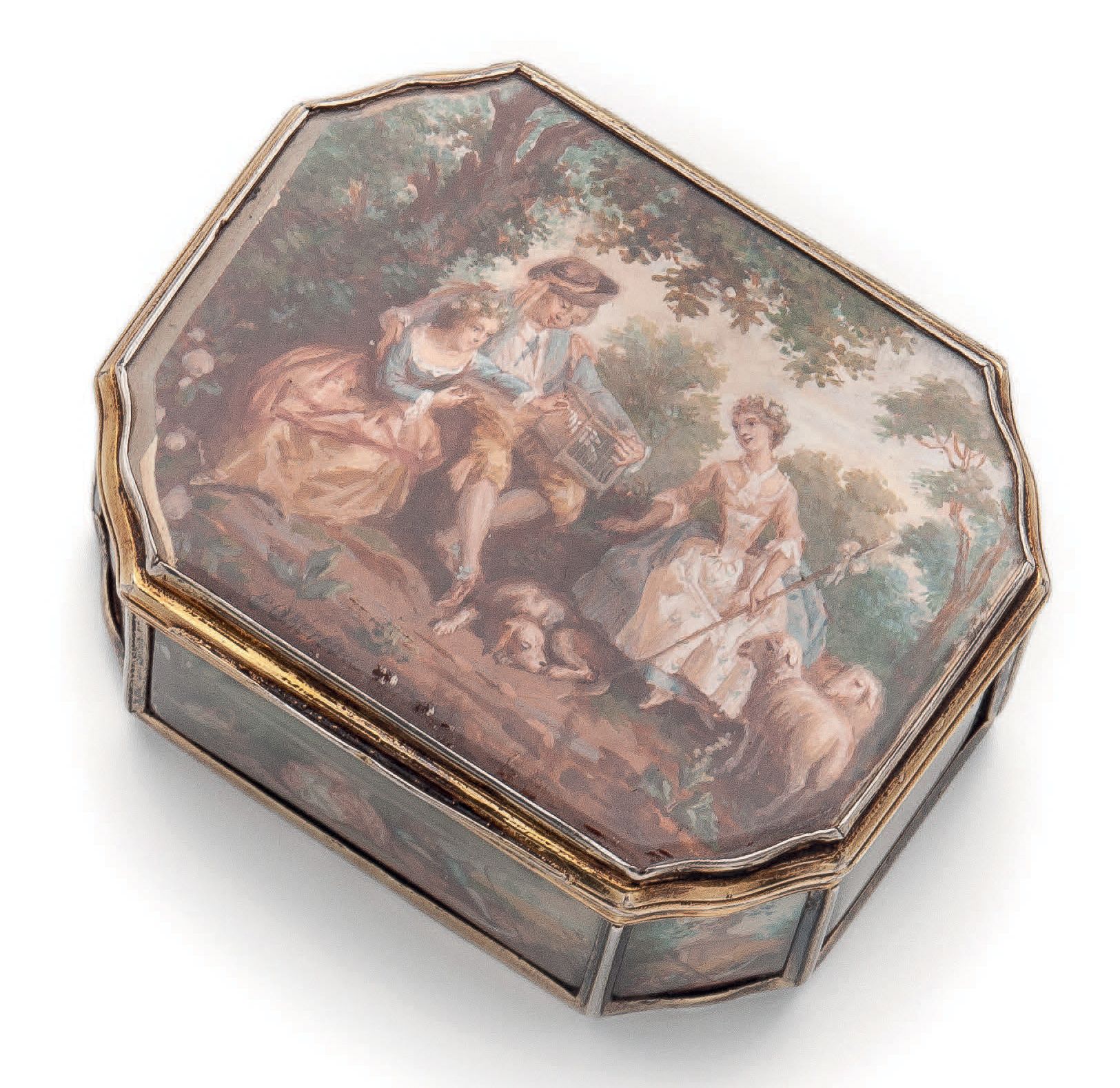 FRANCE, derniers tiers du XVIIIème siècle 长方形的鼻烟盒，在支架上有切角，安装了一个镀金的银笼子（950），有模子，在&hellip;