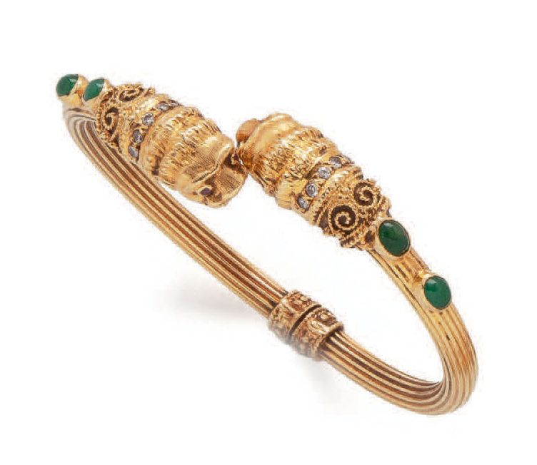 Null Openwork yellow gold (750) bangle bracelet with oval cabochons of emeralds &hellip;
