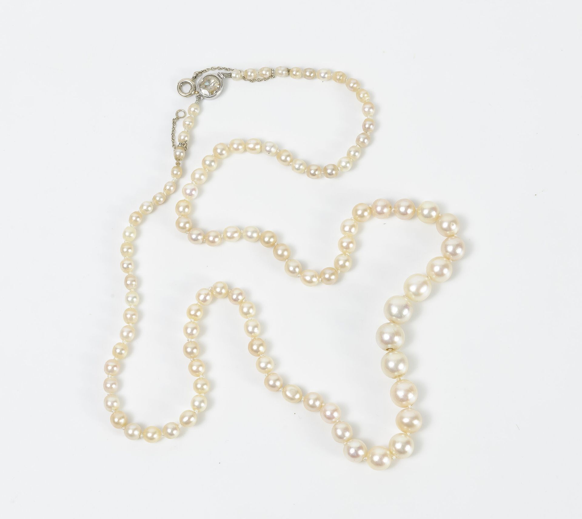 Null 
白珍珠项链，可能是上等珍珠，养殖珍珠排列在秋天。白金（750）的棘轮扣，在封闭的珍珠镶嵌中装饰有一颗钻石，带有安全链。
总重量：17.1克。- 长度&hellip;