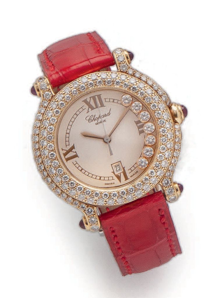 CHOPARD, HAPPY SPORT Ladies' wristwatch.
Round case in yellow gold (750). 
 Beze&hellip;
