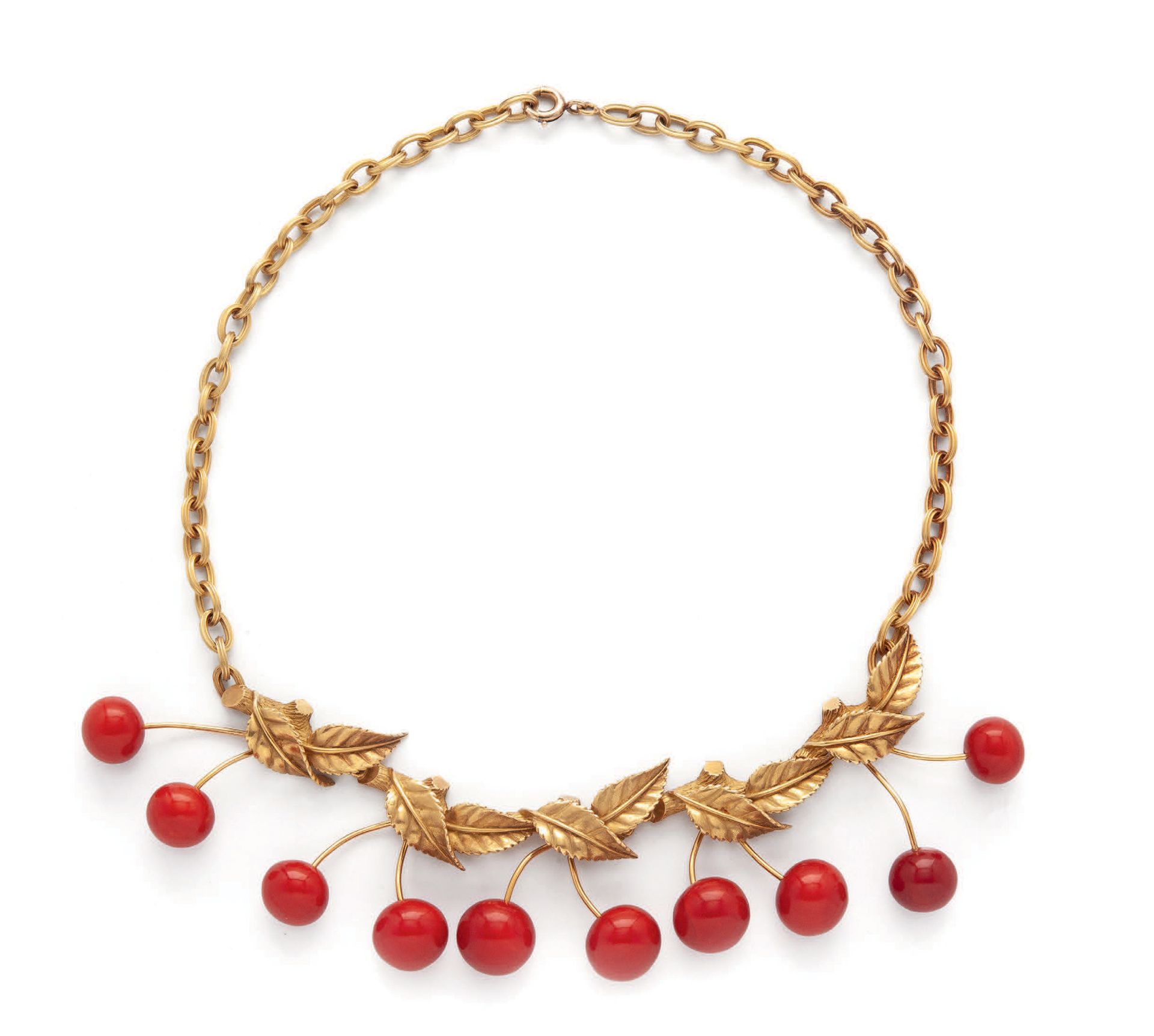 Attribué à HERMÉS Paris 
黄金（750）项链，带沟槽的Jaseron网状物，颈部装饰有枝叶，上面有红珊瑚（Corallium spp）（&hellip;