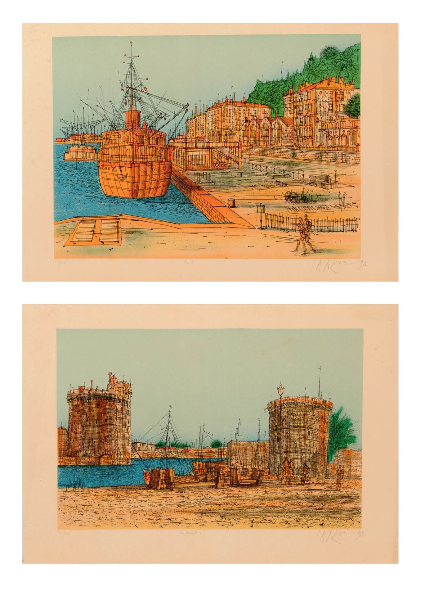Jean CARZOU (1907-2000) La Rochelle II & Nice II, 1993年。

两幅彩色石板画。

右下方有签名和日期。

&hellip;