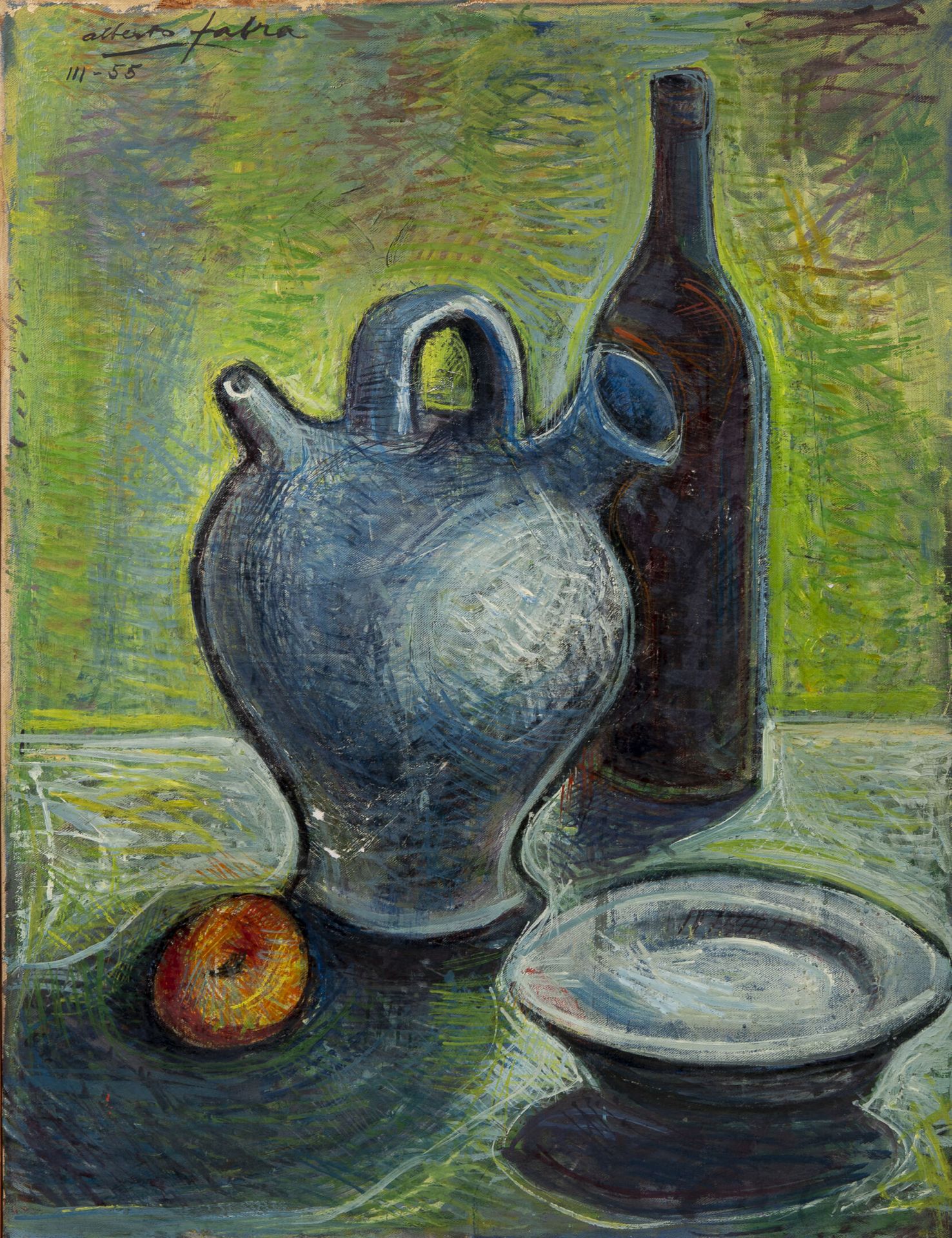 Alberto FABRA (1920-2011) 壶和瓶子的静物画，1955年。

布面油画。

左上角有签名和日期 "III-55"。

65 x 50厘米&hellip;