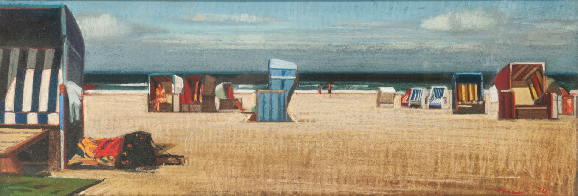 Behi SHAMIRI (1955) 海滩场景，1996年。

纸上粉笔画。

右下方有签名和日期。

23 x 68厘米（见图）。