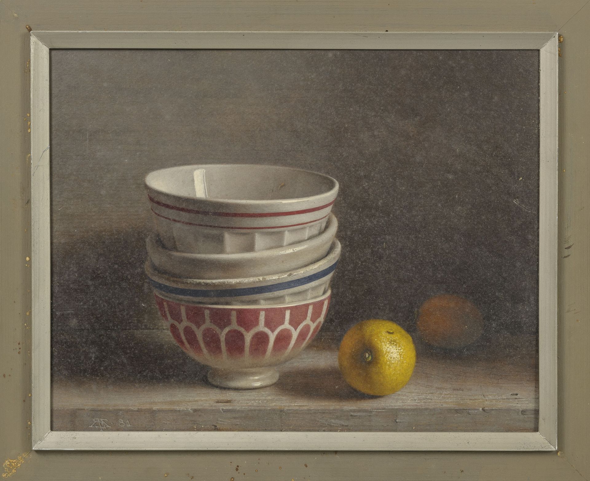 Ecole du XXème siècle Still life with bowls and lemon, 1981.

Gouache on cardboa&hellip;