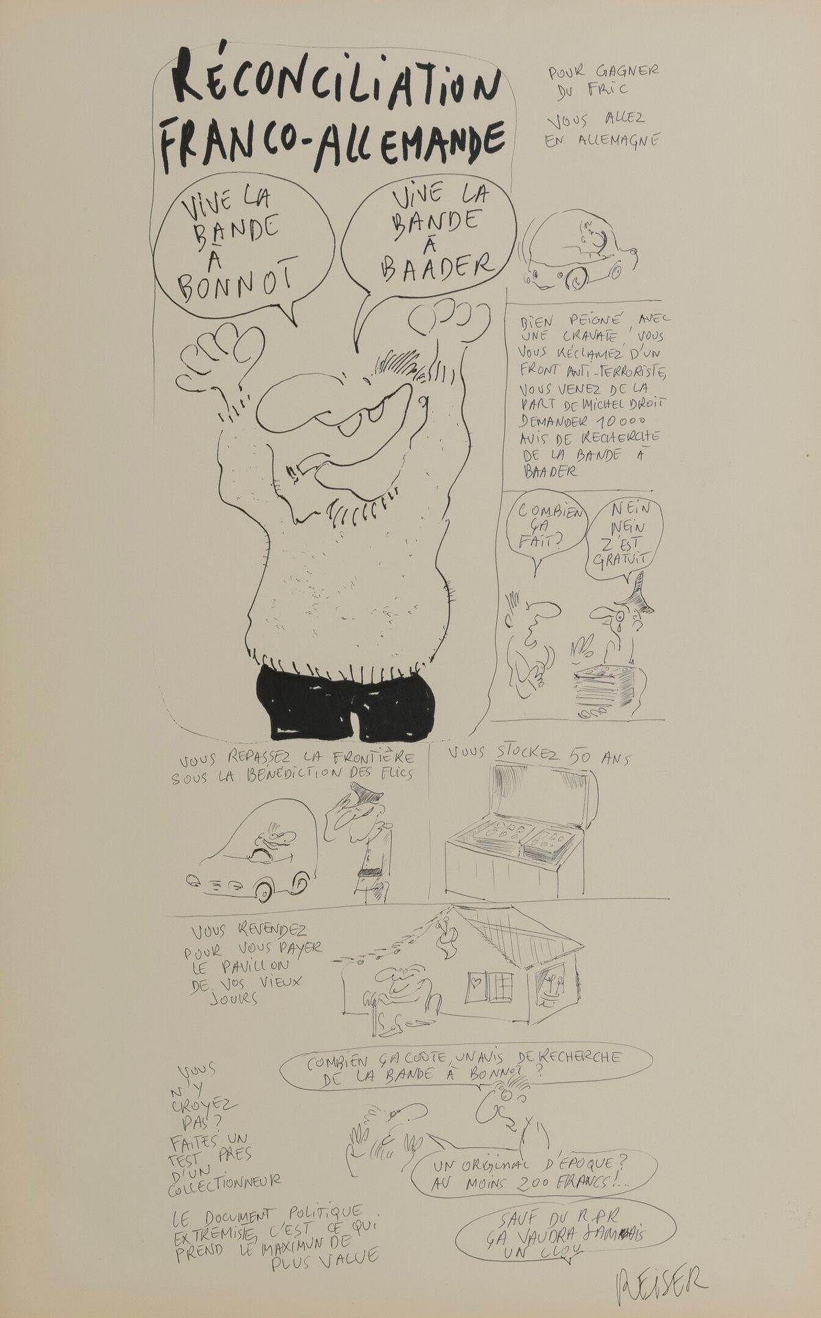 REISER (1941-1983) 法德和解。

毛笔和圆珠笔在纸上。

右下方有签名。

49,5 x 32,5厘米。

小的污点和狐臭。