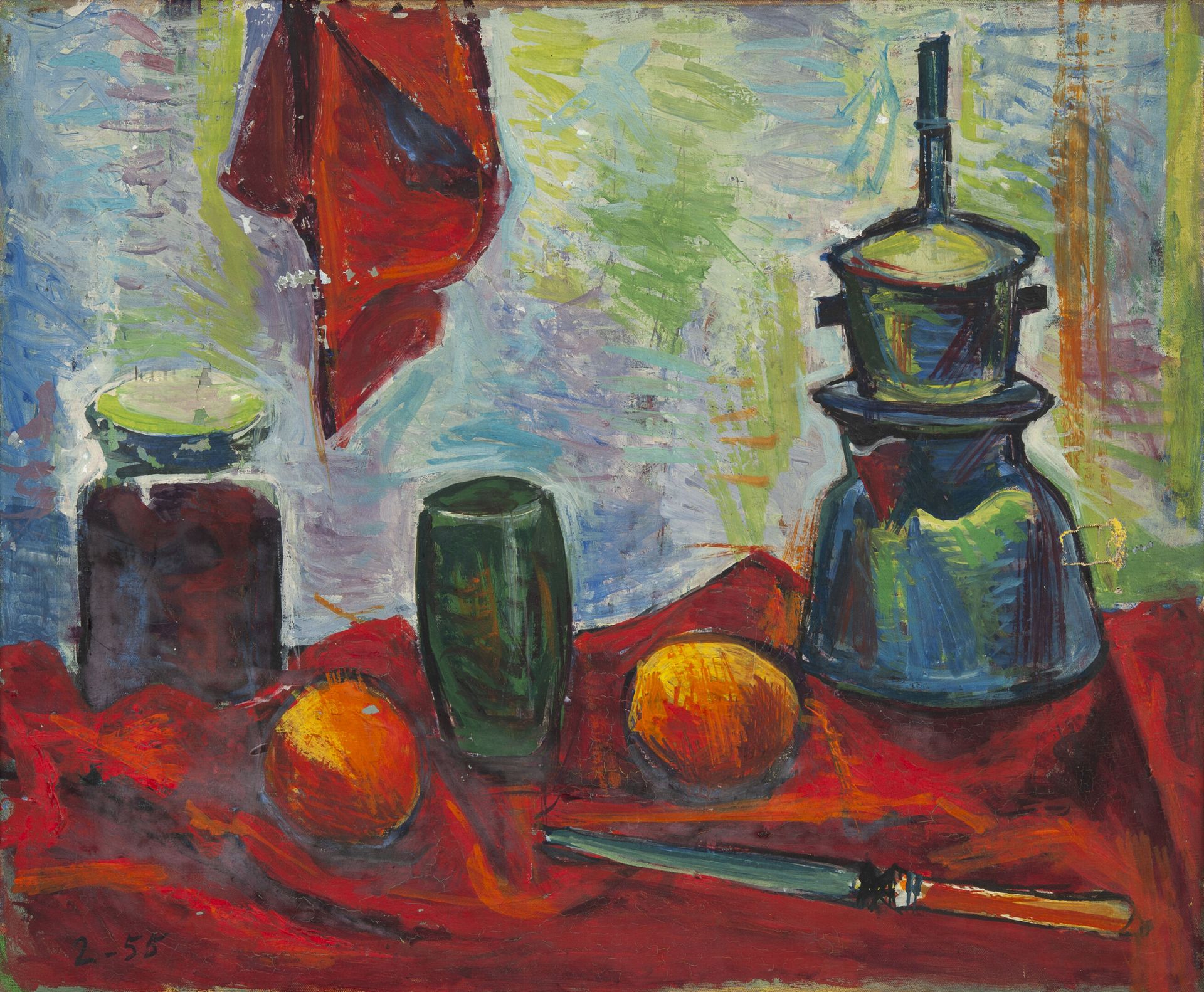 Alberto FABRA (1920-2011) 有茶壶和水果的静物，1955年。

布面油画。

无符号。左下角有 "2-55 "的日期。

38 x 46&hellip;