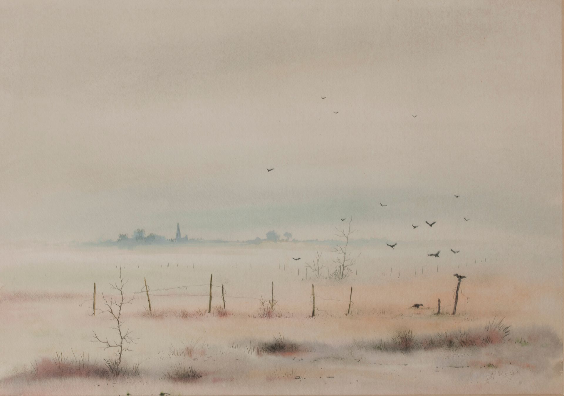 Pierre PREUX (1935) 冬季景观，约1980年。

纸上水彩。

右下方有签名。

33 x 47厘米（见图）。