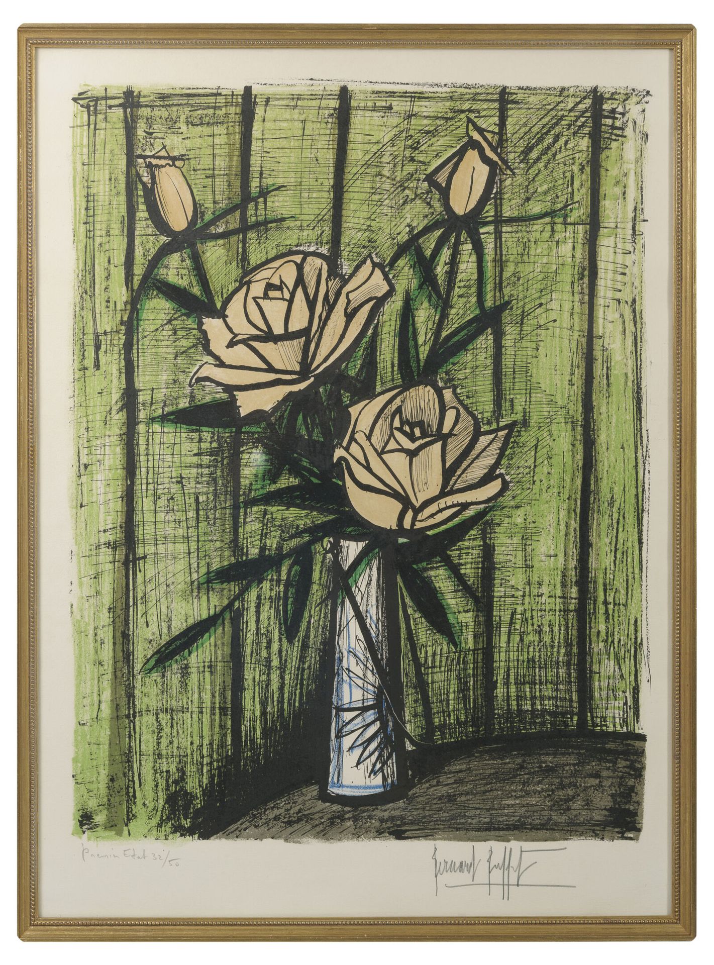 Bernard BUFFET (1928-1999) 玫瑰花，第一状态，1980年。

纸上彩色石版画。

右下方有签名，左下方有编号32/50。

74,5 &hellip;