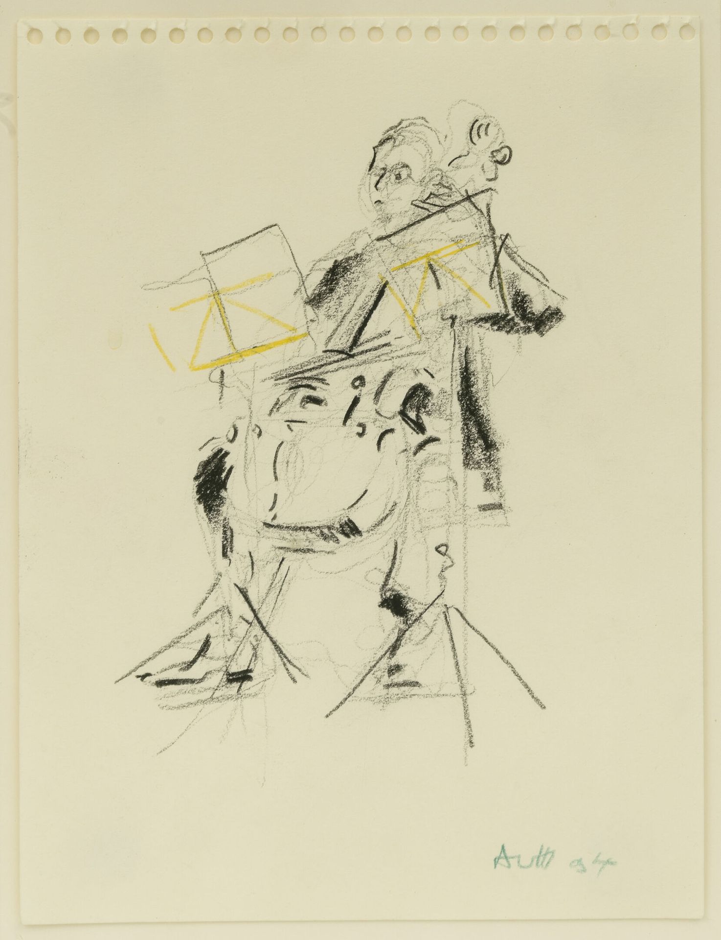 Daniel AUTHOUART (1943) 低音提琴手，1994年。

纸上石墨和彩色铅笔。

右下方有签名和日期。

20 x 15厘米。