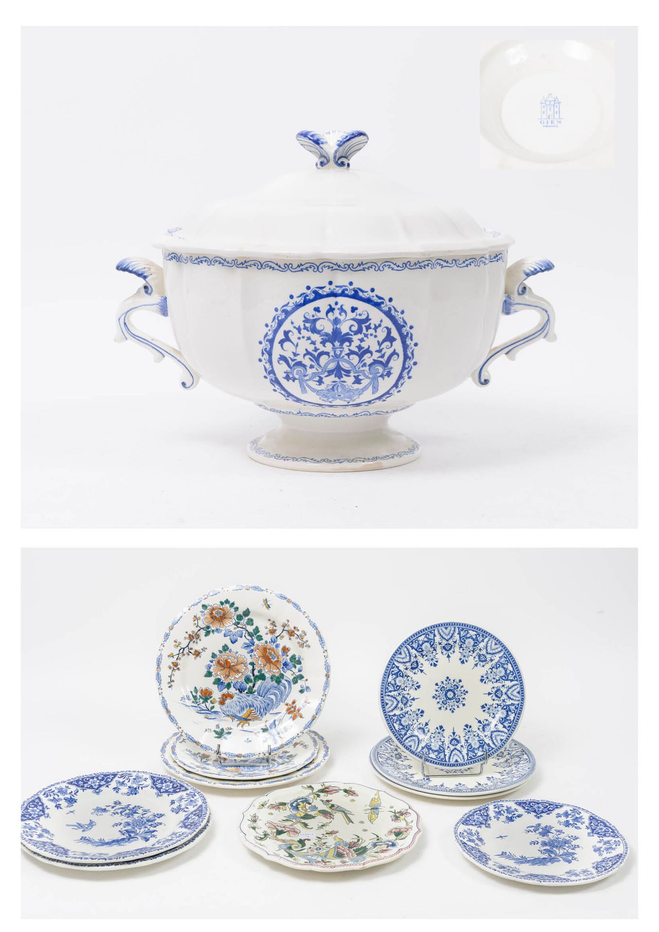GIEN, XIXème-XXème siècles 一批10个不同的陶器盘子。

- 一个是用玉米棒装饰的。

直径：25厘米。

- 两个大的和一个小的，在&hellip;