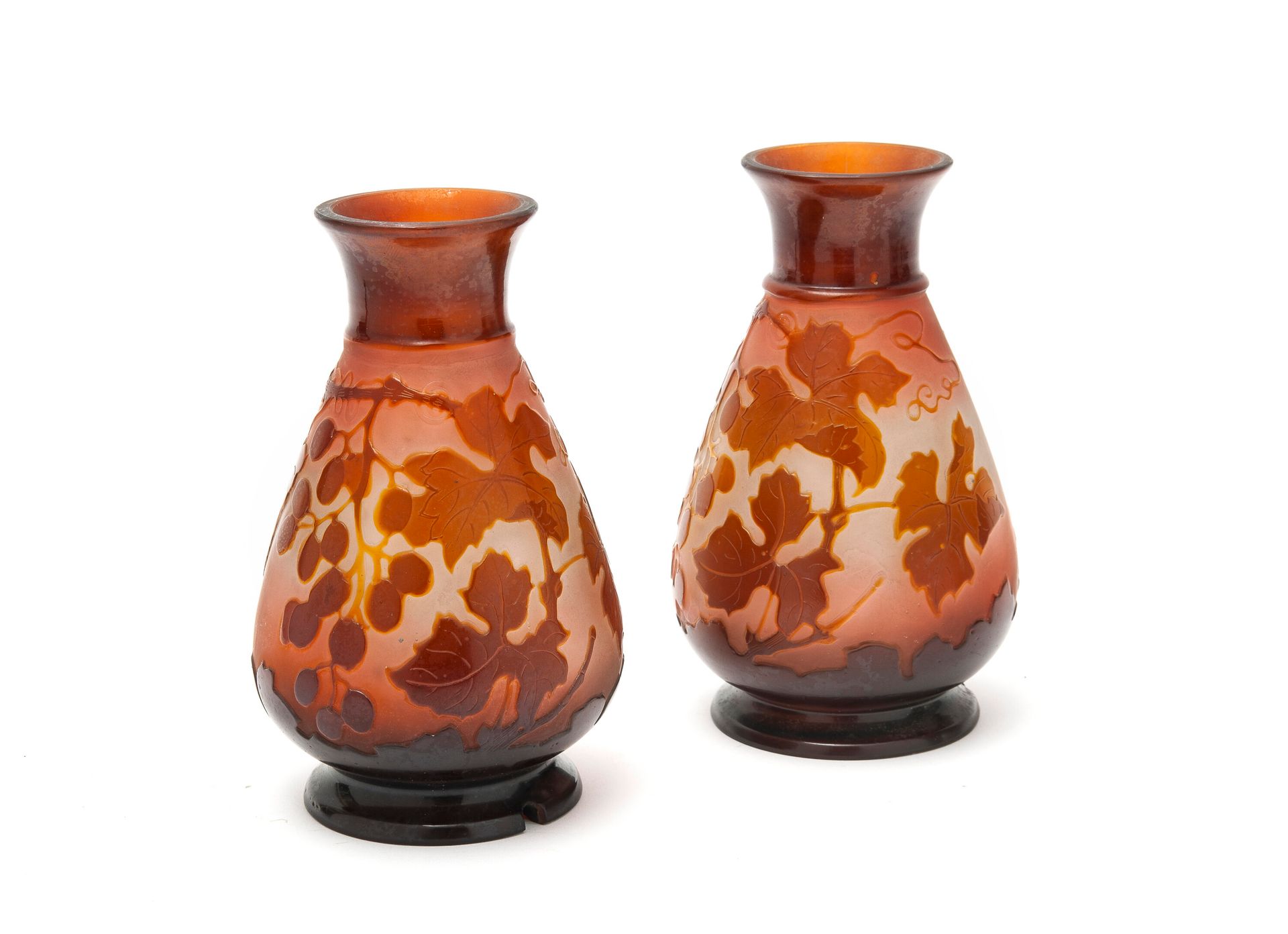 ÉTABLISSEMENTS GALLÉ A pair of small pear-shaped vases with flared necks.

Brown&hellip;