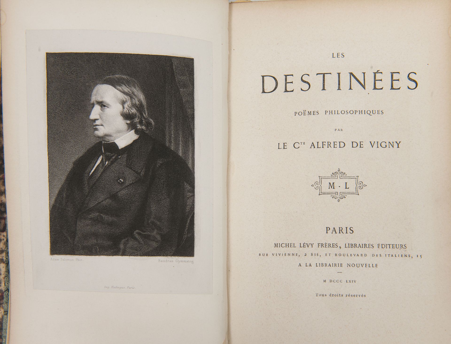 VIGNY (A. De). - 命运。哲理诗。巴黎，Lévy，1864年，191页。- 2 ff..,

- 5月或路易十三时期的变身。第十三版。Paris,&hellip;
