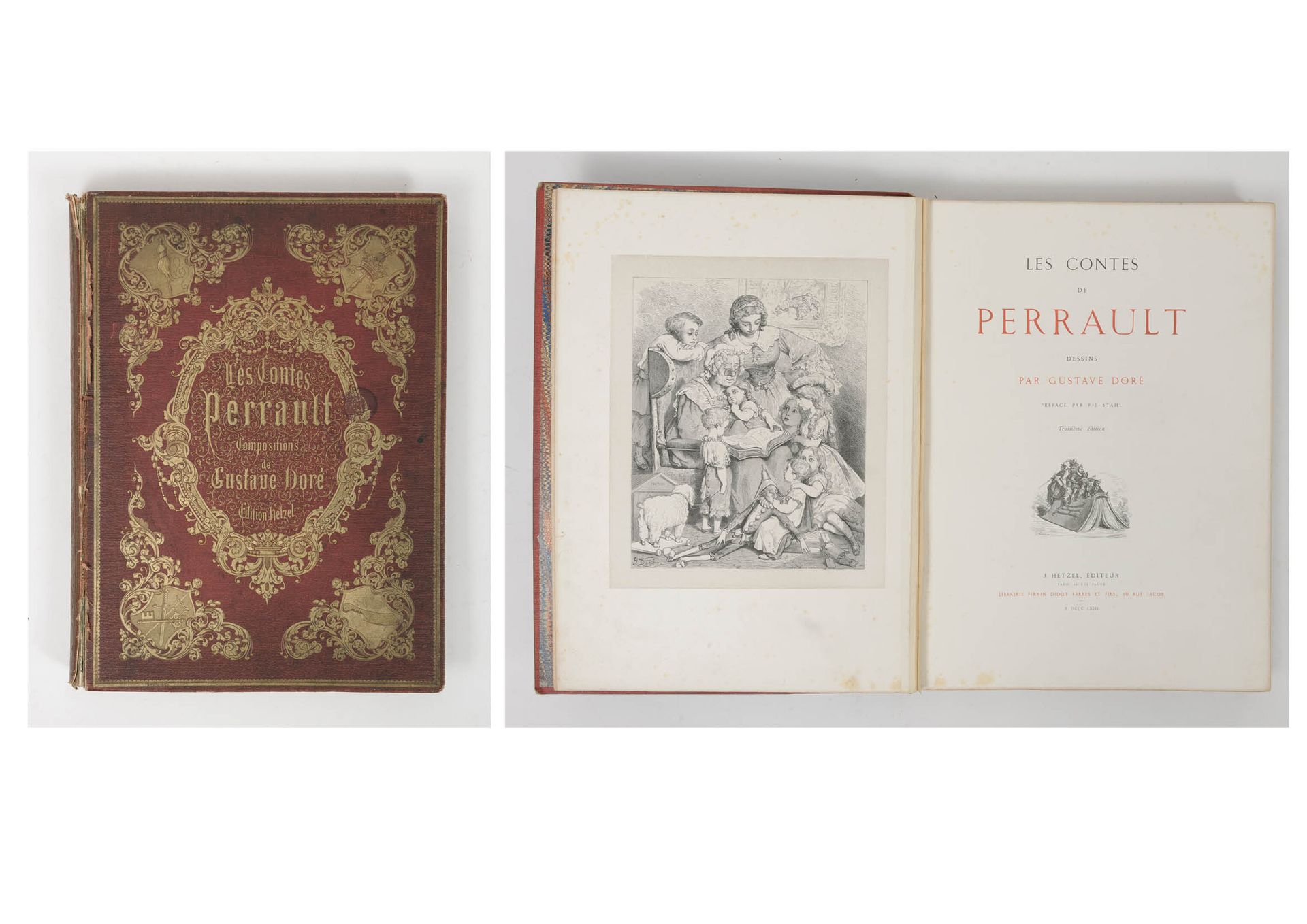 Perrault, Charles 故事》。

第三版。巴黎，J. Hetzel, 1863年。

双开本，红色压花珍珠岩，框架内的鎏金轮盘，两封面上都有大型鎏&hellip;