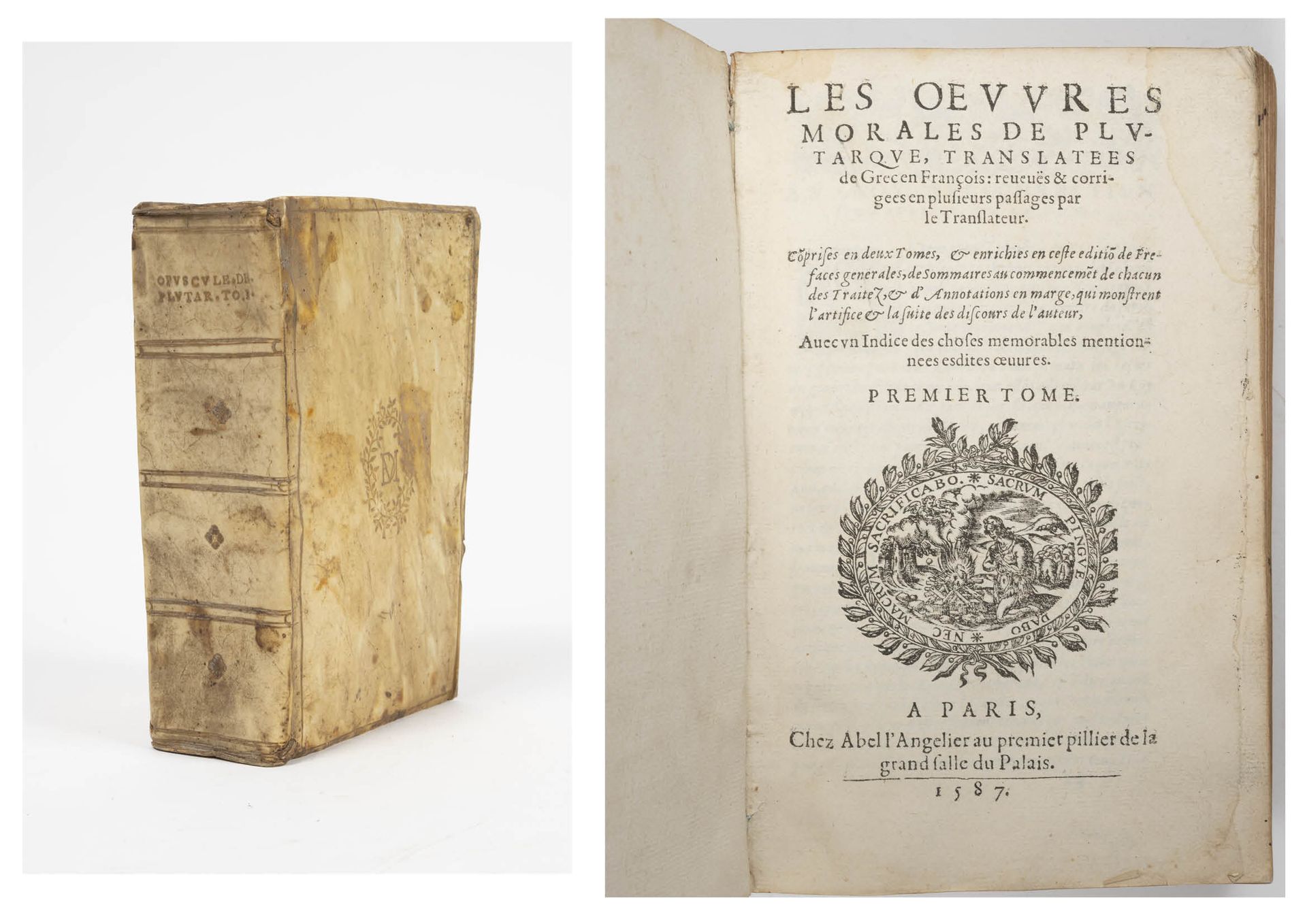 Null 普鲁塔克的道德作品。

第一册。

由Abel l'angelier撰写，巴黎，1587年。

一卷12开本，牛皮纸装订，页面镀金。

使用状况。未作&hellip;