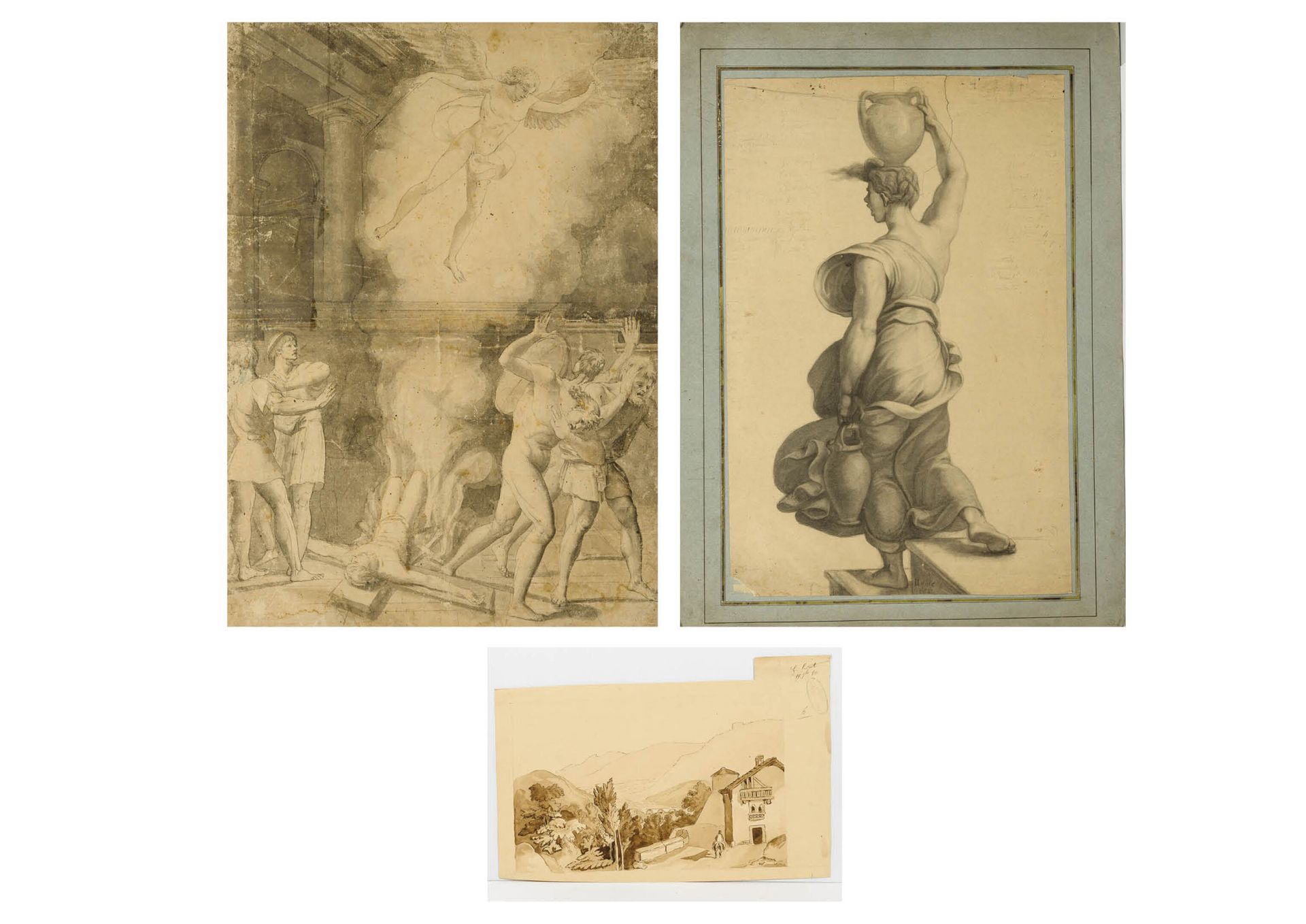 Ecole du XIXème siècle 三幅石墨和墨水画：风景，......。

褶皱、事故和撕裂。

不同的尺寸。