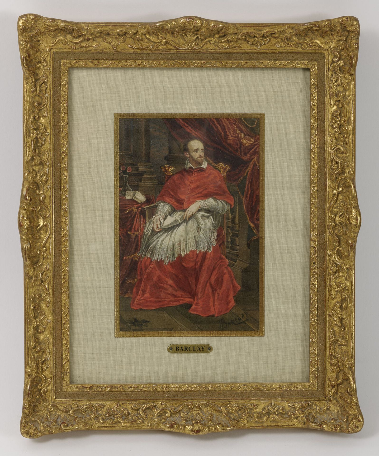 BARCLAY (XIXème siècle) 红衣主教在室内。

纸上水彩和水粉画。

右下方有签名。

17,5 x 11厘米（见图）。

镀金的木质框架（&hellip;