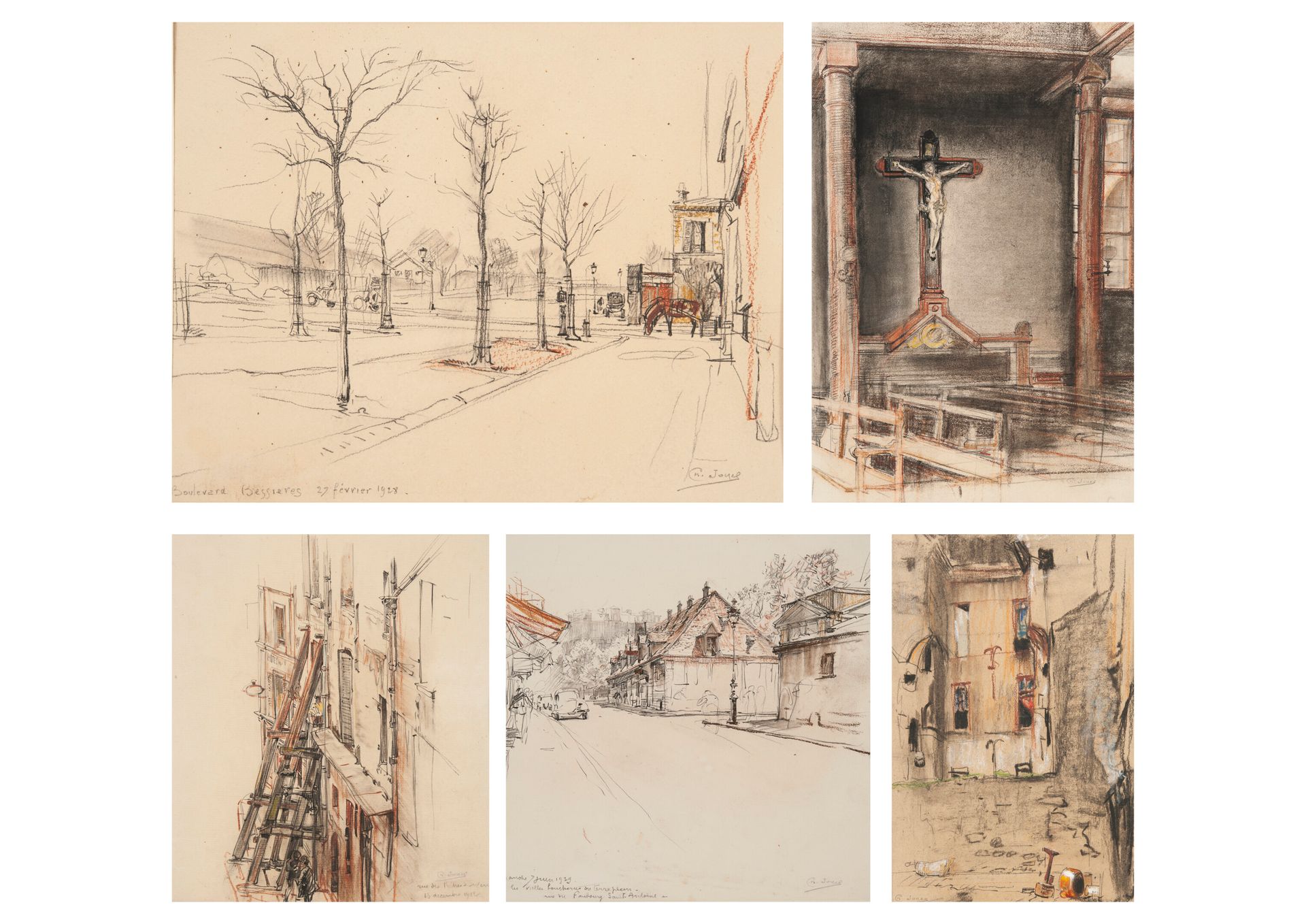 Charles JOUAS (1866-1942) 奥赛码头，贝西耶尔大道，圣安托万街，圣塞维林神父街，教堂里的十字架。

十幅粉彩、木炭和铅笔画，以及一份描图&hellip;