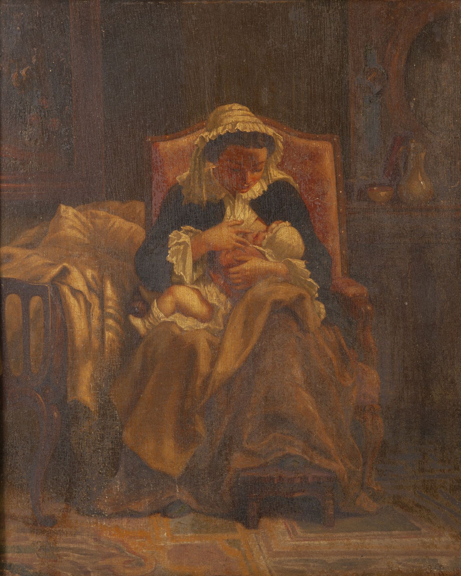 Ecole de la seconde moitié du XIXème siècle Woman nursing her child.

Oil on pan&hellip;