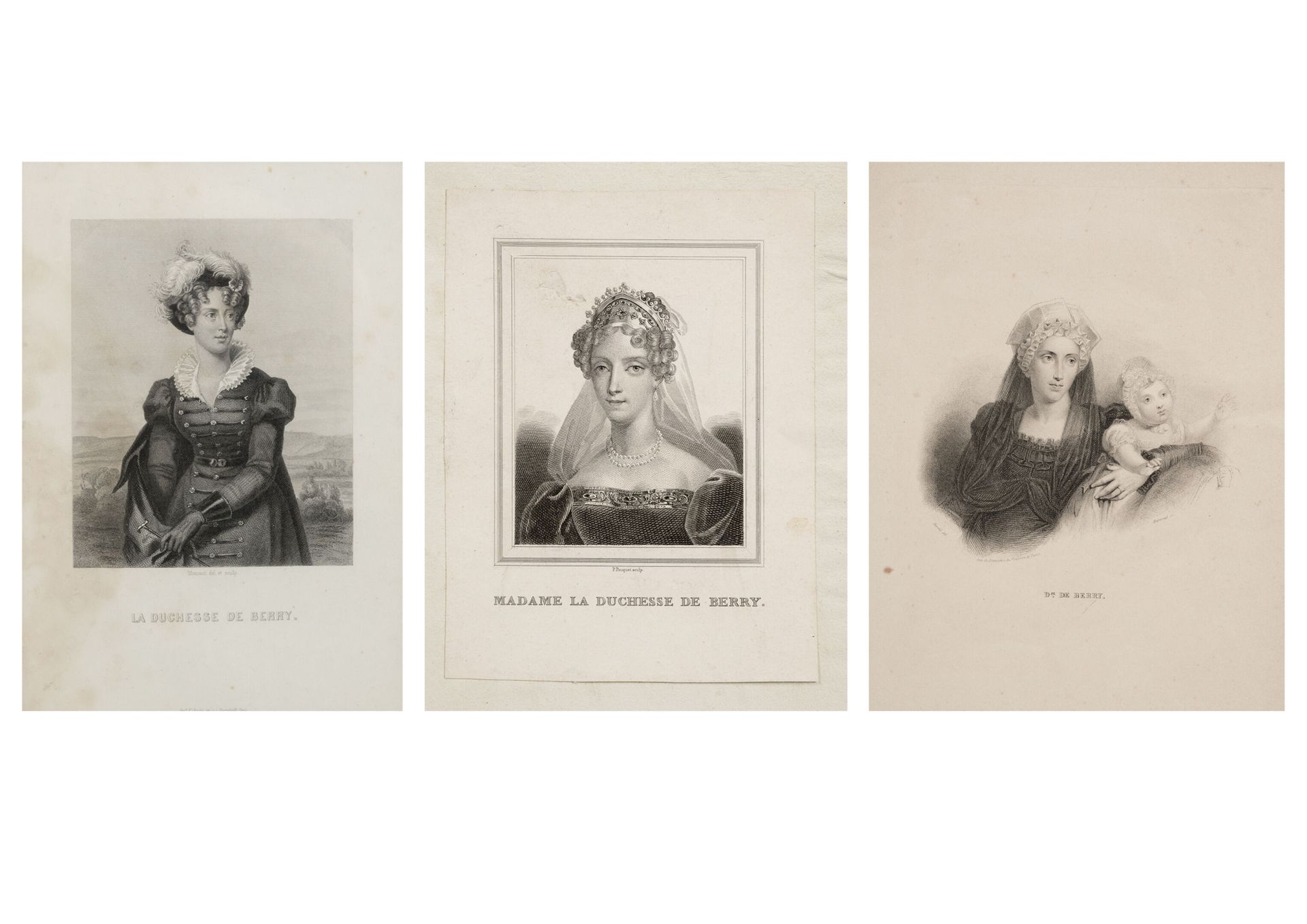 Null 表现两西西里公主和贝里公爵夫人玛丽-卡洛琳-费迪南德-路易丝-德-波旁的一套三幅纸上版画。

19.5 x 13.5厘米（展出），27 x 18厘米和&hellip;