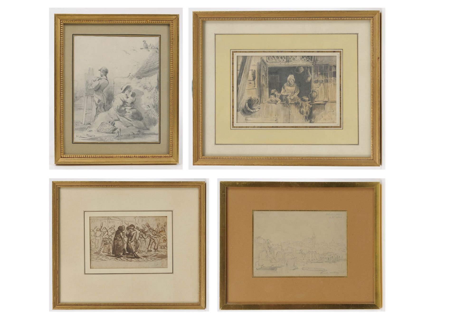 Lot de quatre dessins du XIXème siècle : - 波佐利市（那不勒斯）的景色。

纸上石墨。

右上角有手写体，部分难以辨认&hellip;
