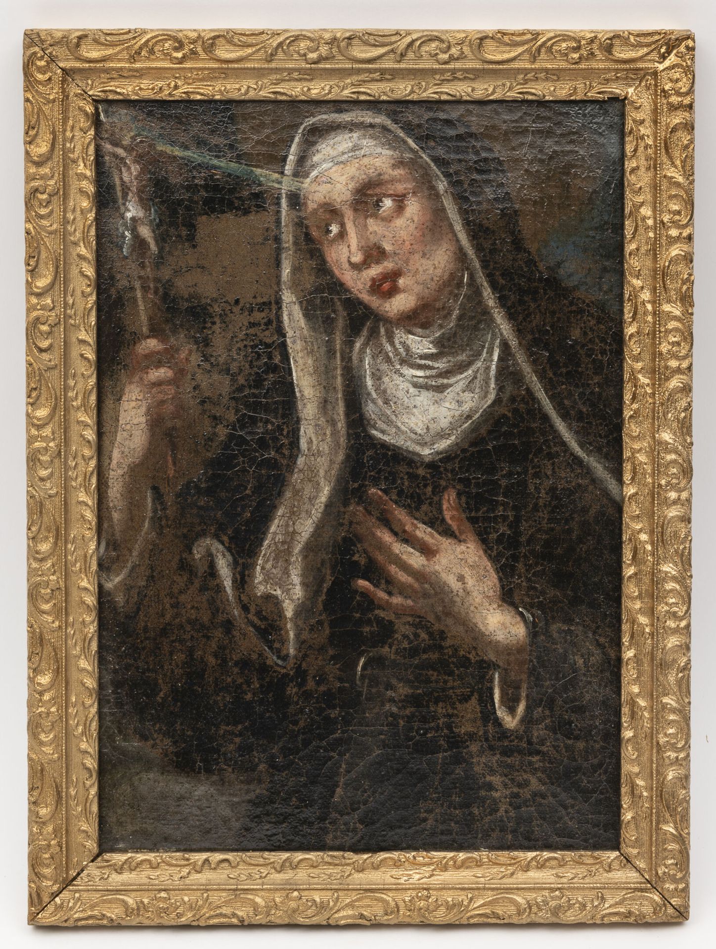 ECOLE FRANCAISE DU XIXème siècle 一个蒙着面纱的修女半身像，手持十字架，有一条射线将被钉在十字架上的人的头与修女的头连接起来。
&hellip;