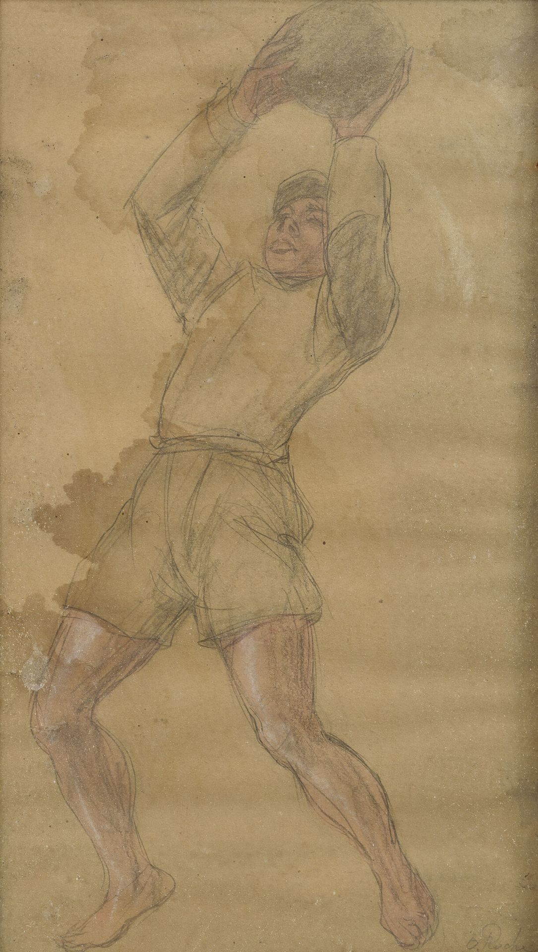 Odilon ROCHE (1868-1947) 那个足球运动员。

纸上石墨和水彩画。

右下方有签名。

34 x 19厘米（展出）。

雀斑、污渍、明显的&hellip;