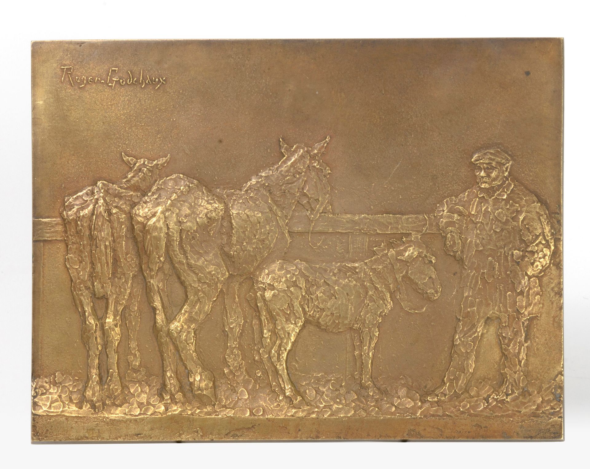 Ecole Moderne Man with donkeys. 

Bas-relief in bronze. 

Signed upper left Roge&hellip;