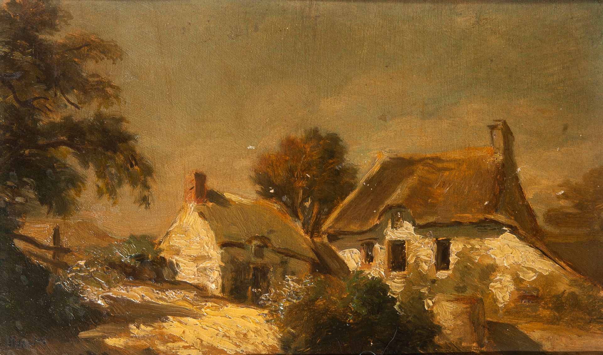 Louis Adolphe HERVIER (1818-1879) Cottage con il tetto di paglia. 

Olio su pann&hellip;