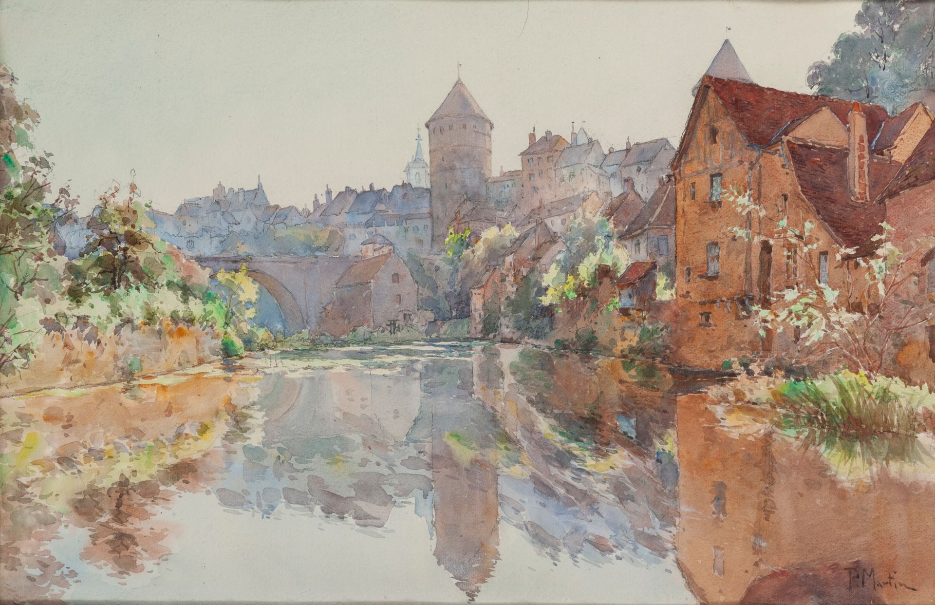 P. MARTIN (XIXème-XXème) 在一个古老的设防城镇脚下的河流。

纸上铅笔线条的水彩画。

右下方有签名。

31.5 x 48.5厘米（见&hellip;