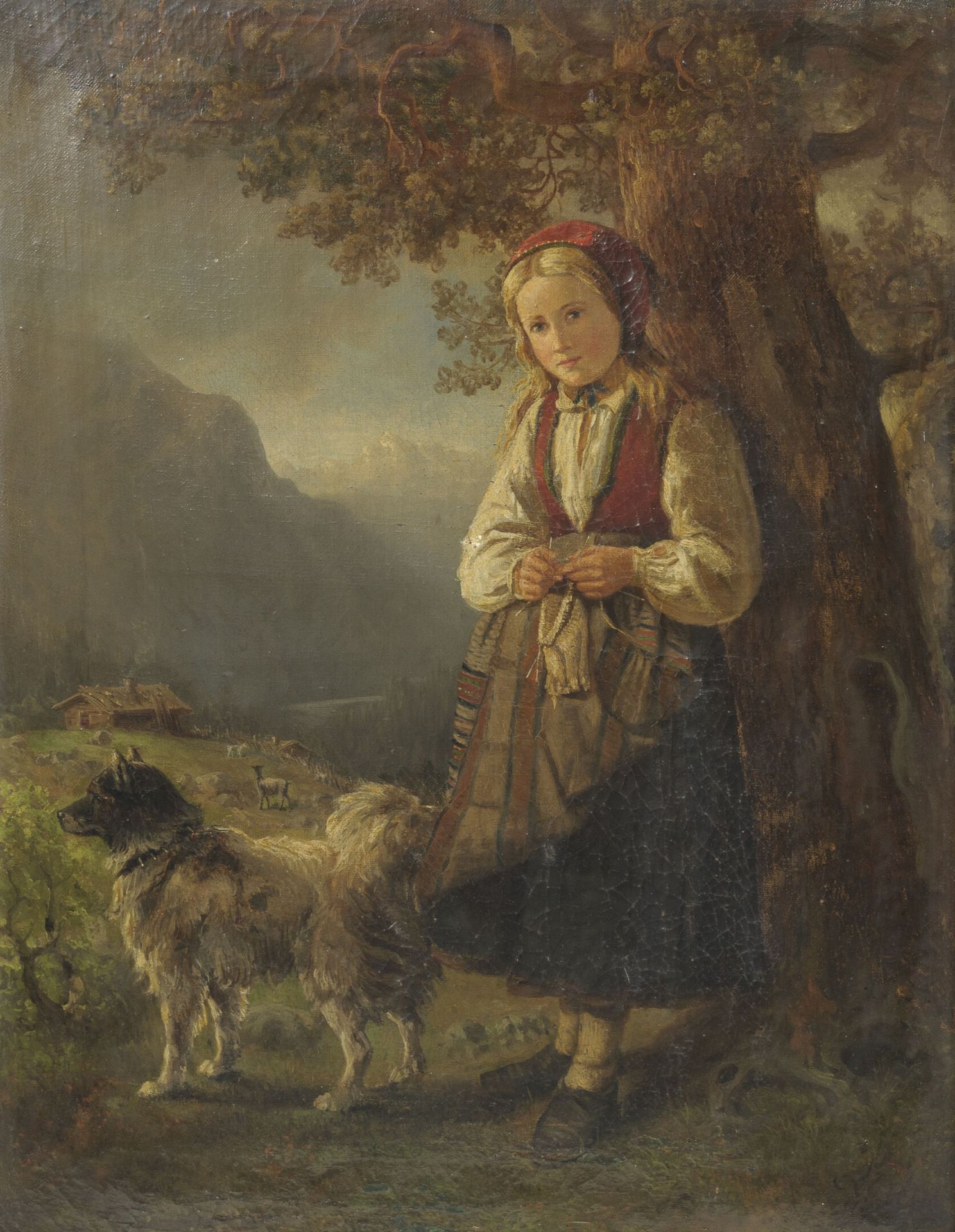 Ecole du XIXème siècle Young shepherdess knitting and her dog. 

Oil on canvas.
&hellip;
