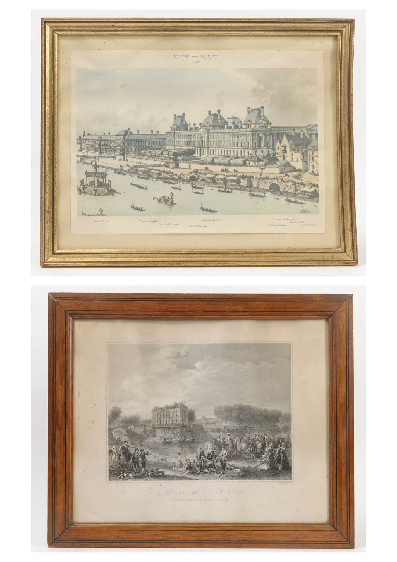 Lot comprenant : - The Louvre under Louis XV.

Color engraving on paper. 

22 x &hellip;