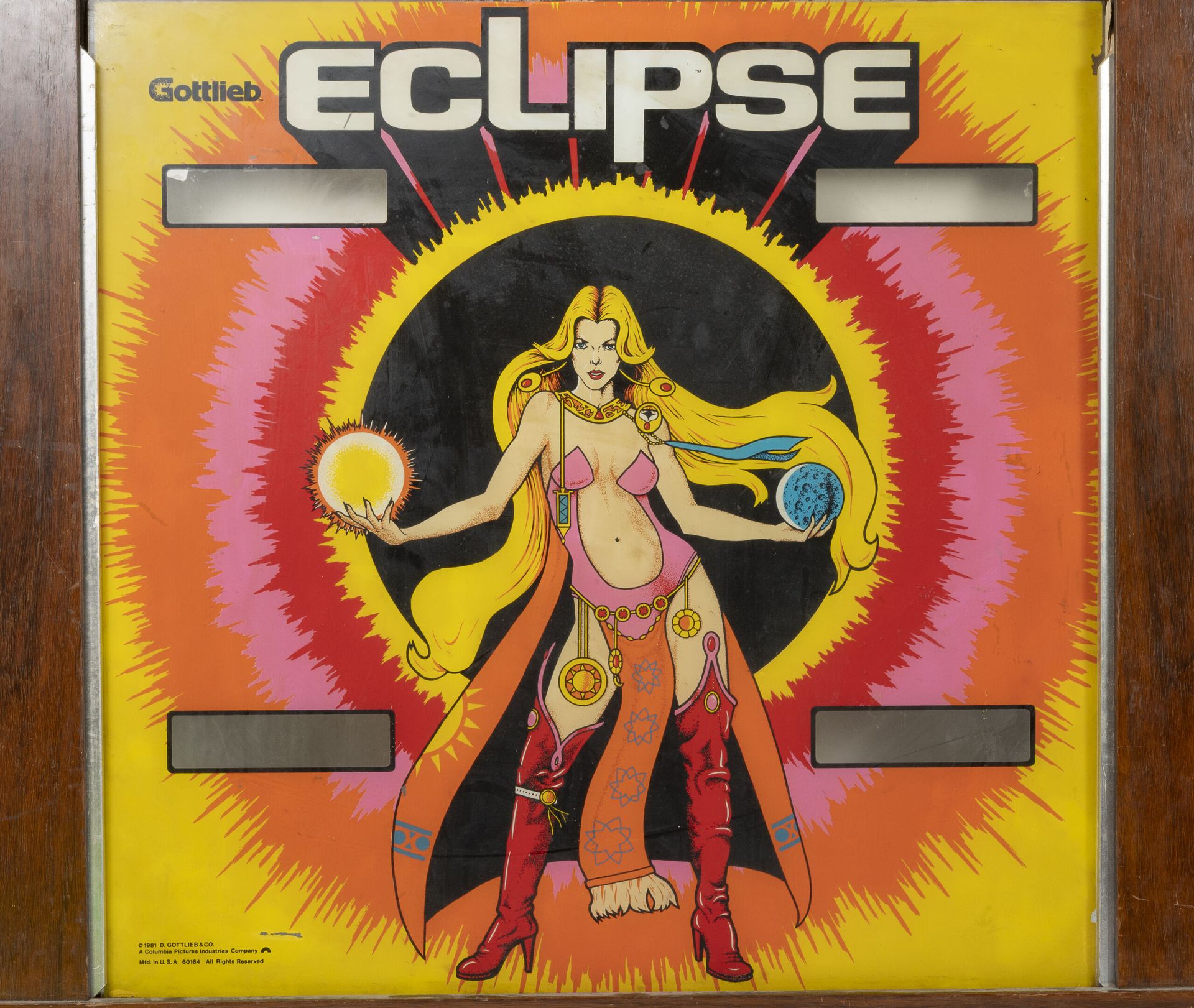 David GOTTLIEB & Co. Eclipse, 1981.

Flipperfenster in einem Holzrahmen.

66 x 6&hellip;