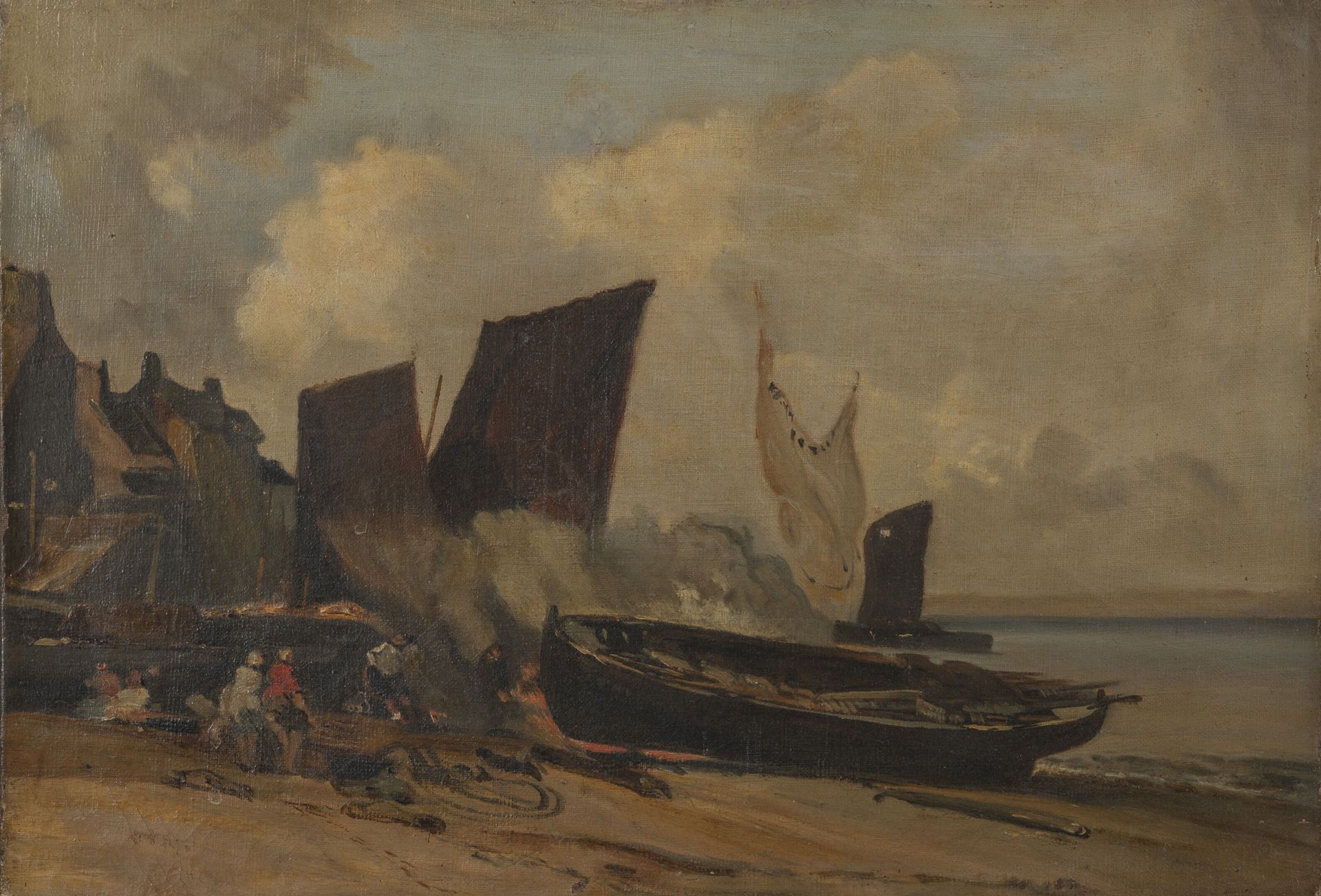 Ecole de la seconde moitié du XIXème siècle 渔民的回归。

布面油画。

32 x 46.5厘米。

裂缝、事故和修&hellip;