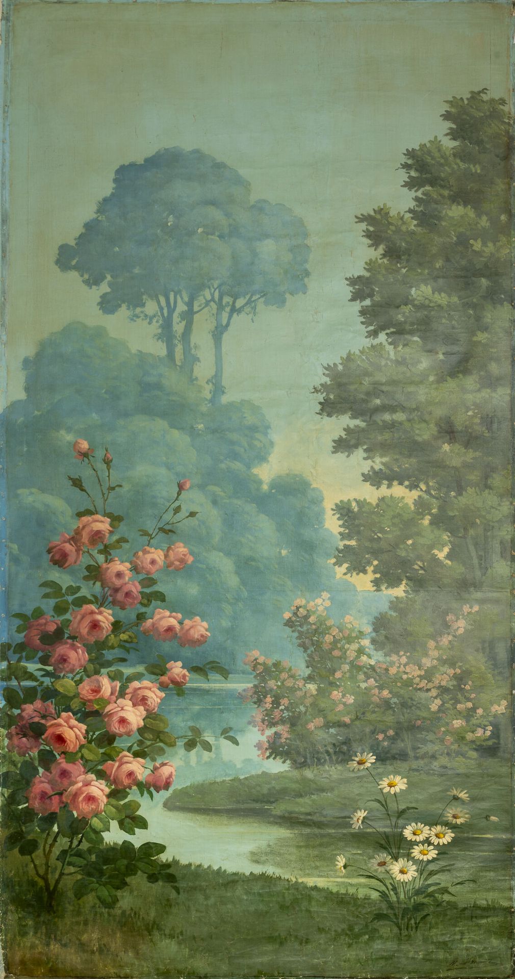 Ecole du XIXème siècle 景观，有一条蜿蜒的溪流和大树，由玫瑰花丛和雏菊组成。

布面油画，无框架。轧制。

右下方有签名 "M. L'HE&hellip;
