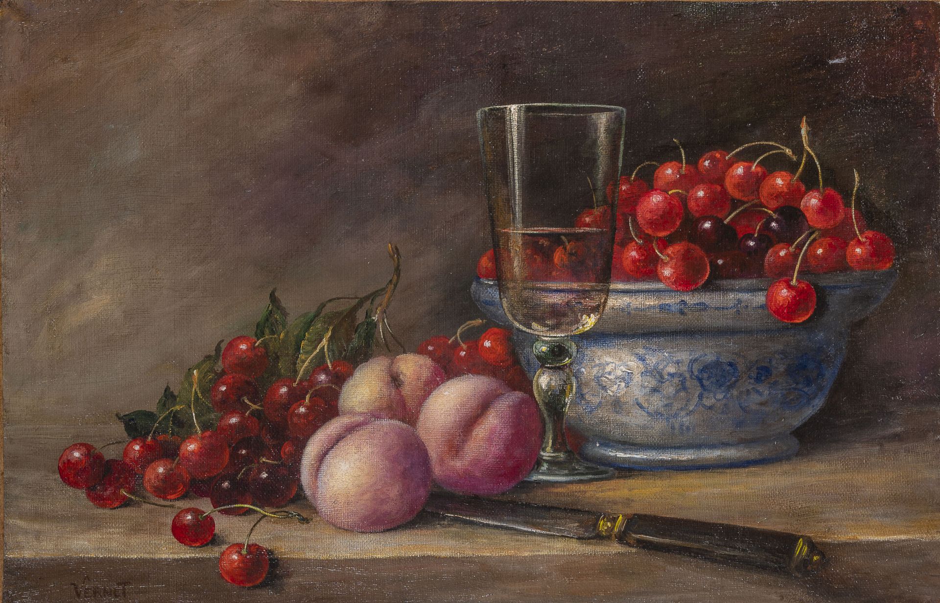 Ecole Moderne Still life with cherries. 

Oil on canvas. 

Signed Vernet lower l&hellip;