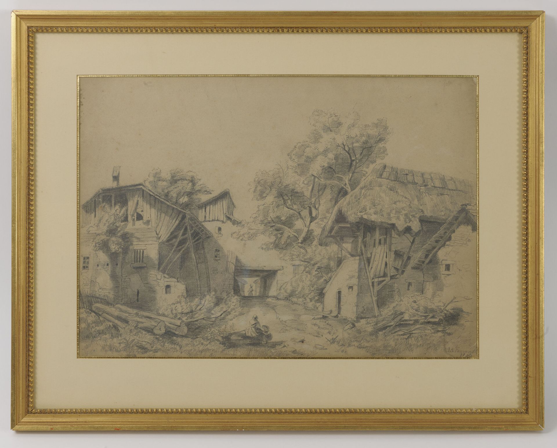 Ecole du XIXème siècle Animated farmhouse. 

Graphite on paper. 

Signed "RA Fea&hellip;