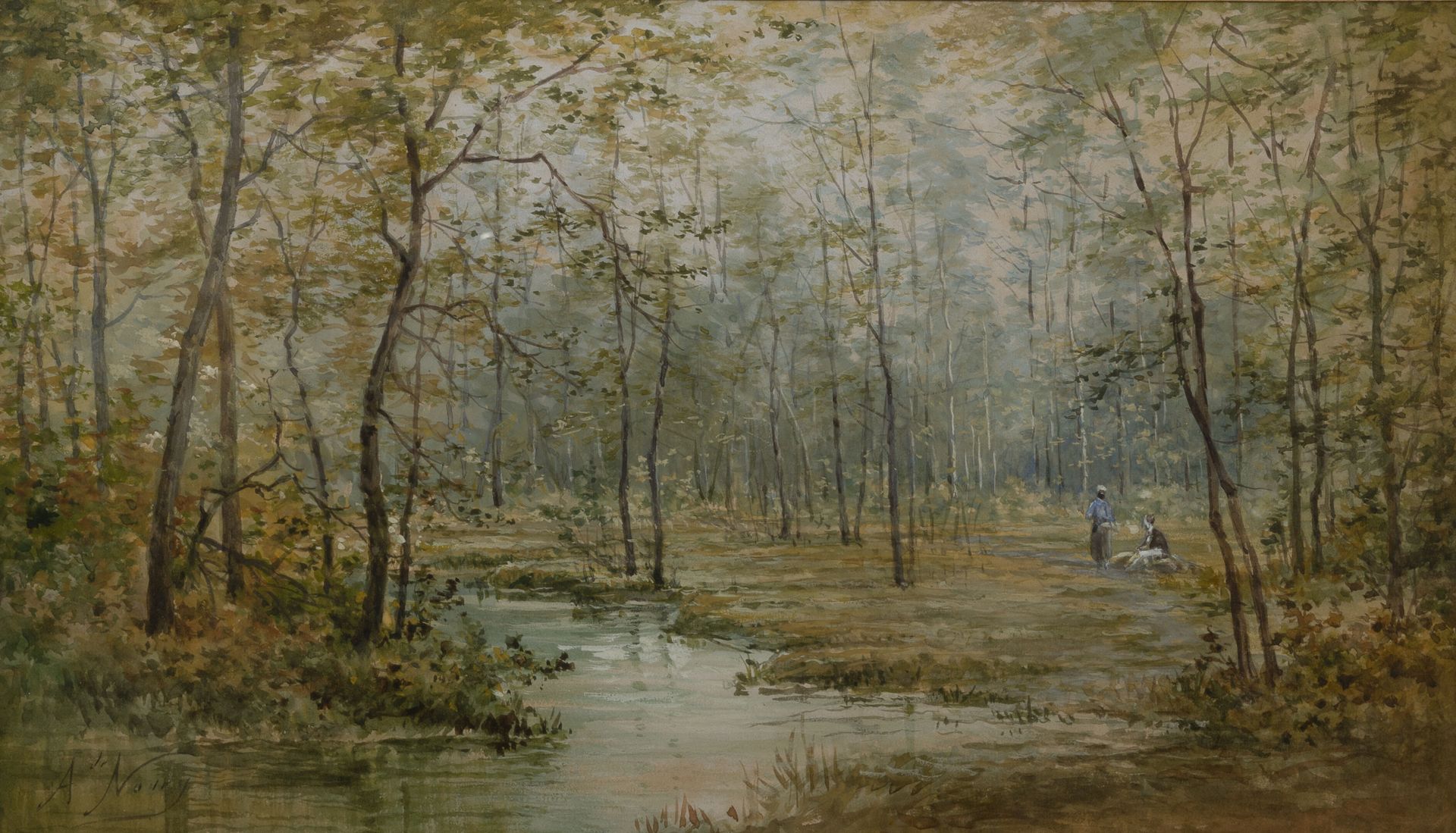 Ecole du XIXème siècle 灌木丛中的小溪附近的人们。

水彩画和水粉画。

左下角签有 "A.努里"。

23 x 39.5厘米。(见图)。&hellip;
