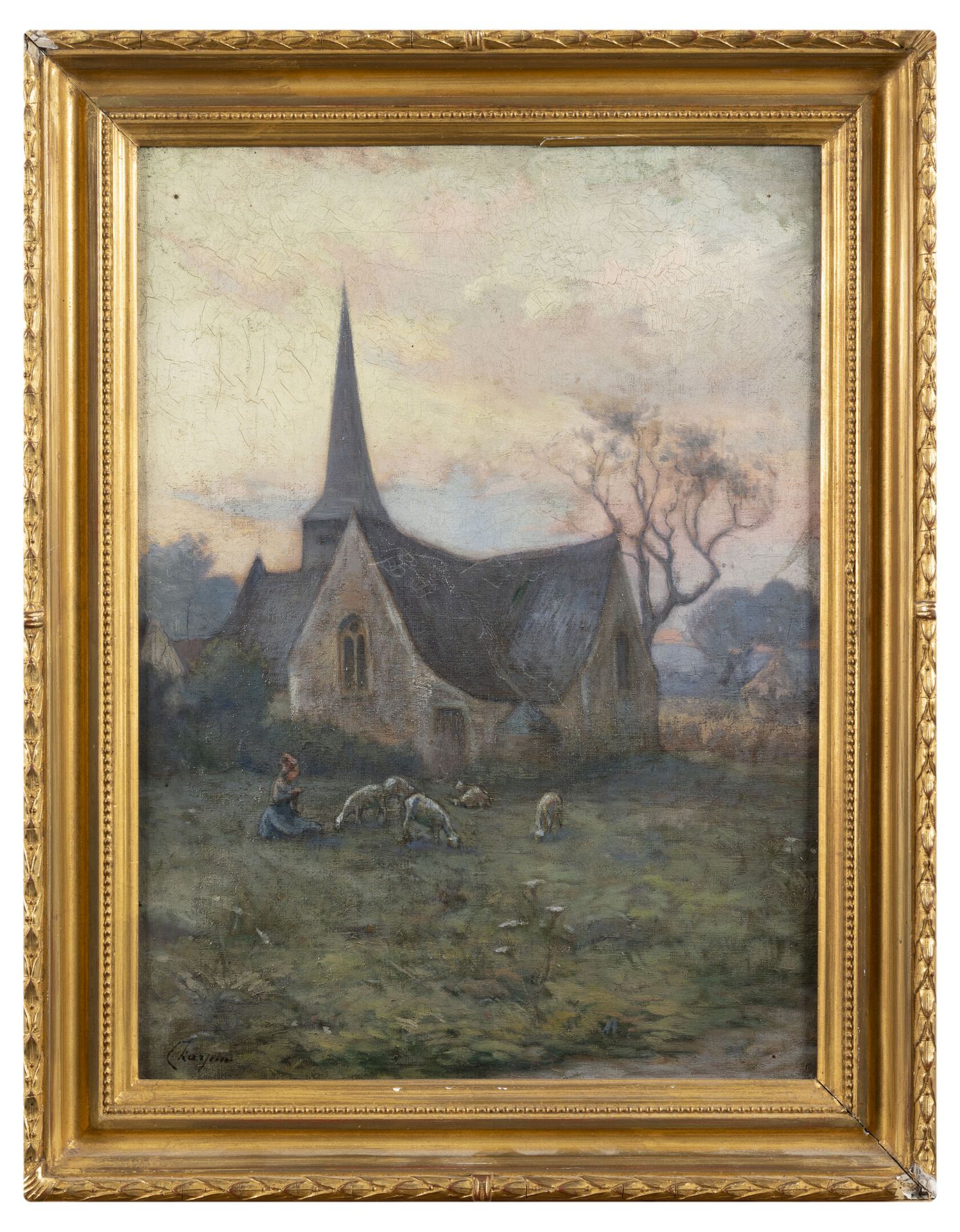 Albert CHARPIN (1842-1924) 牧羊女和羊群在黄昏的教堂前。

布面油画。

右下方有签名。

50 x 37厘米。

裂缝。角落里有针孔&hellip;