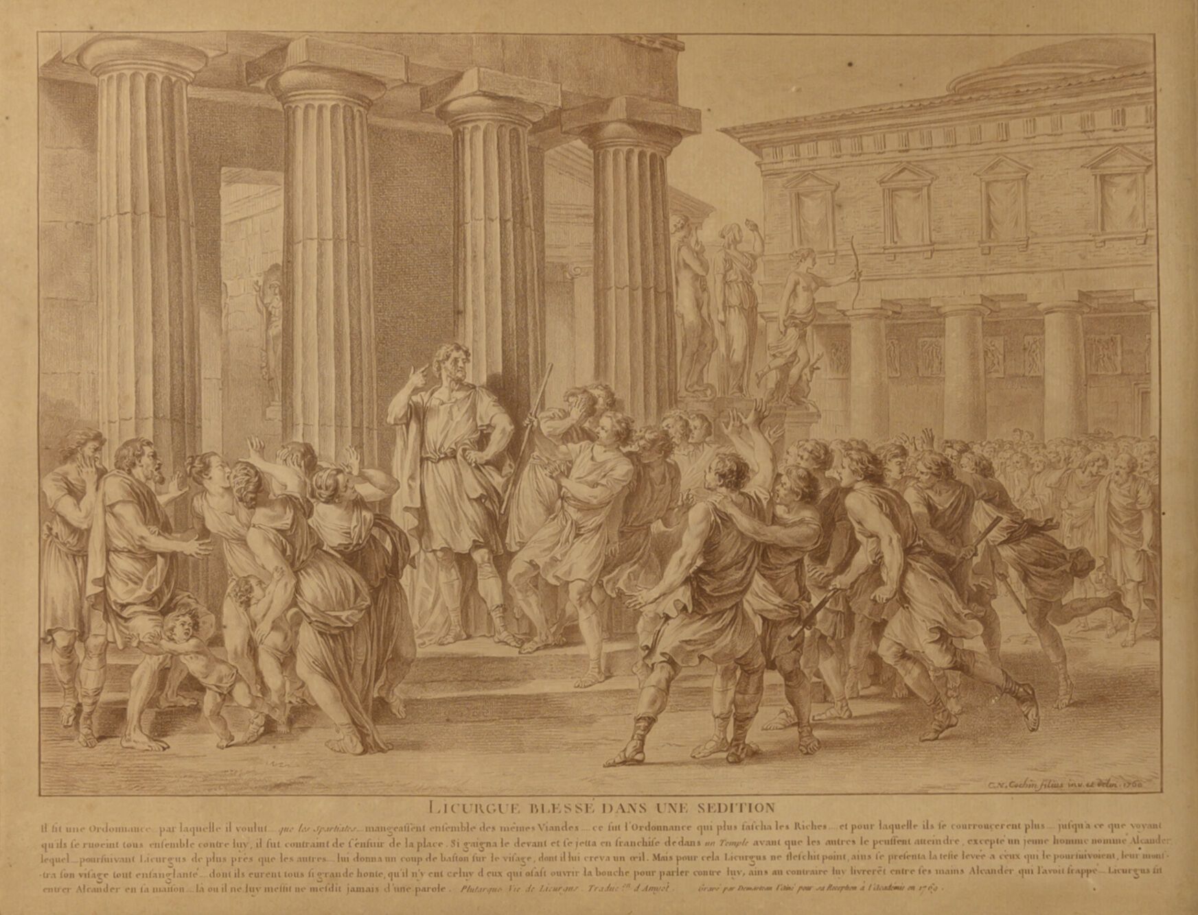 D'après Charles-Nicolas II COCHIN (1715-1790) 利库古斯在一次叛乱中受伤。

雕刻的方式很有创意。

版面上刻有："&hellip;